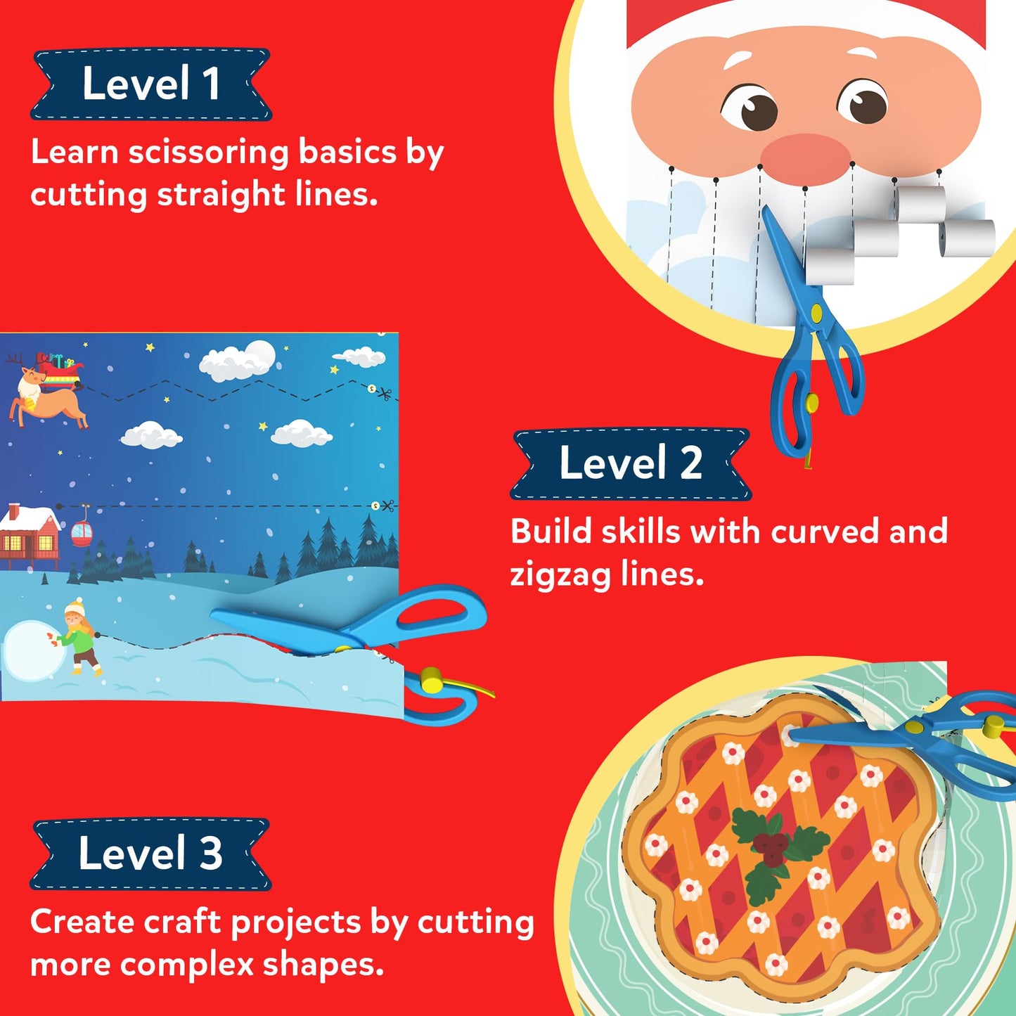 Skillmatics Scissor Skills Activity Book - Snip Snip Christmas, 25 Fun Cutting & Creative Activities for Preschoolers, 2 Child-Safe Scissors, Felt Craft Kit, Gifts for Kids Ages 3, 4, 5, 6, 7