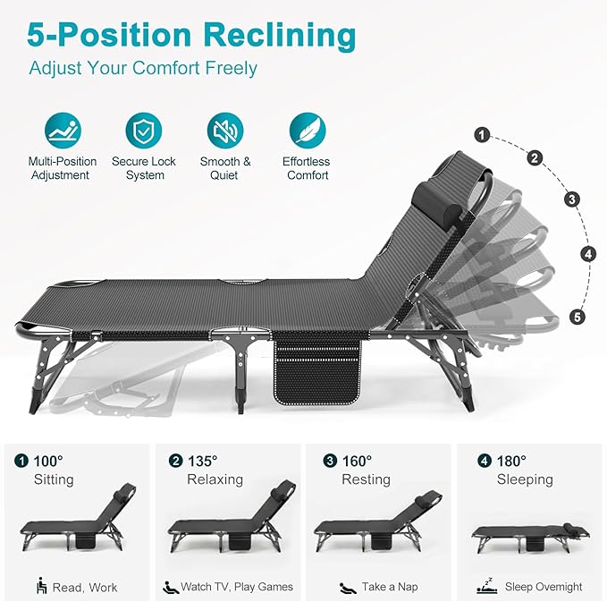 ABORON 2PK Chaise Lounge Chair, 5 Positions Padded Outdoor Tanning Chair