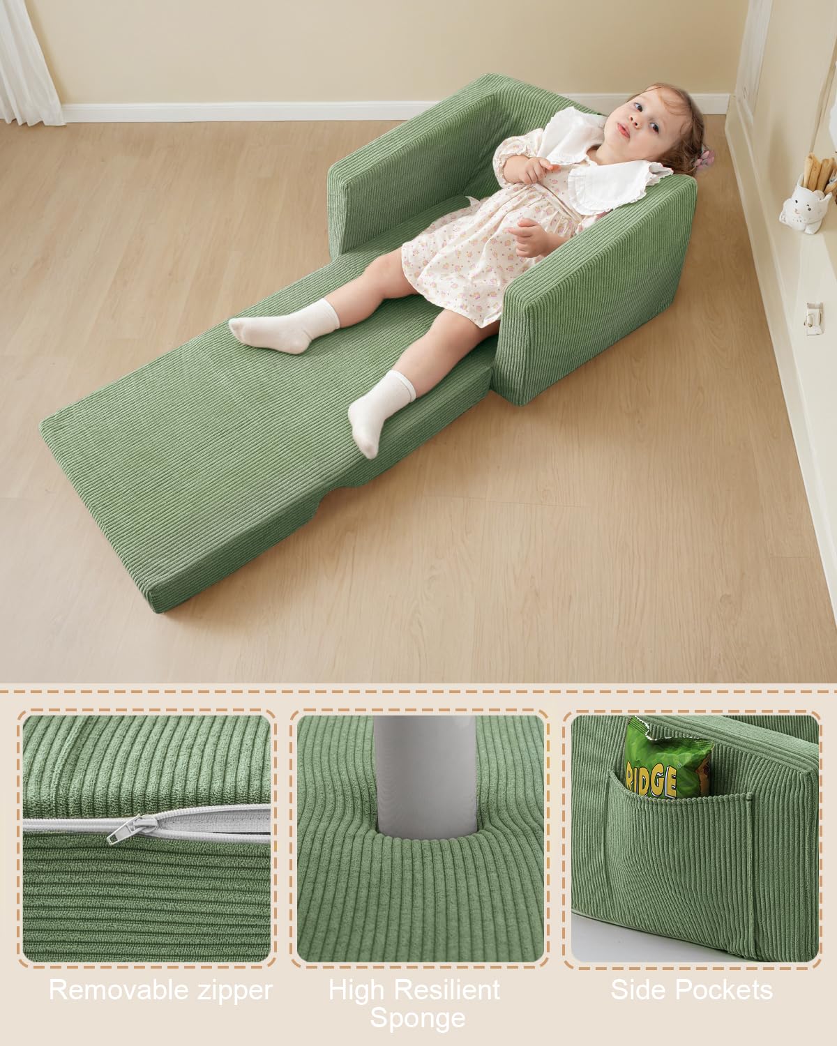 Jouha Kids Chair and Couch, 2-in-1 Fold-Out Kids Sofa, Soft Convertible Seating, Comfy Kids Chair for Boys and Girls,Green