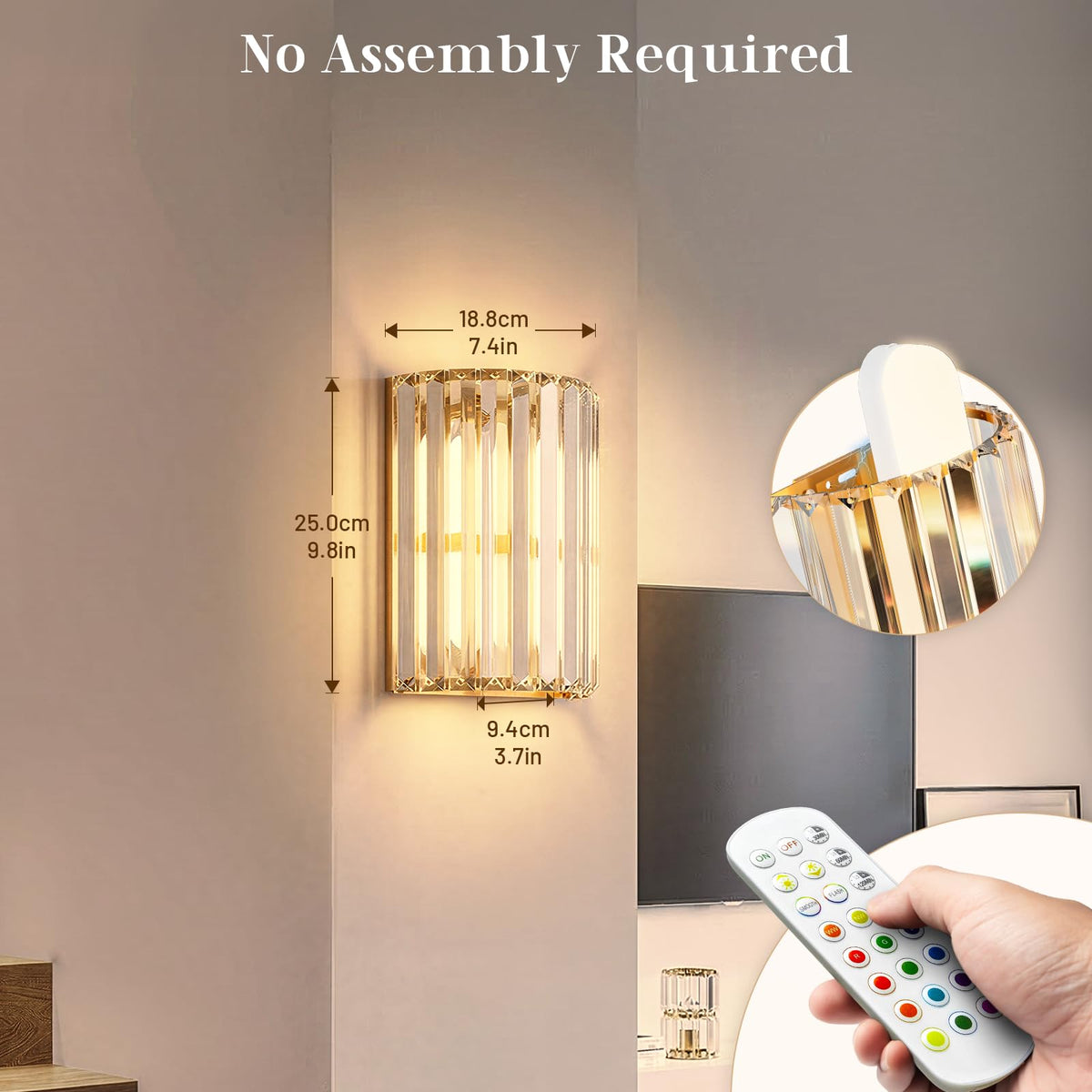 Keep Shinning Gold Battery Operated Wall Sconces Set of Two, Crystal Wireless Wall Lights with Remote, Rechargeable Cordless Wall Lamps 12 RGB and 3 CCT Dimmable Decor for Bedroom Living Room Hallway