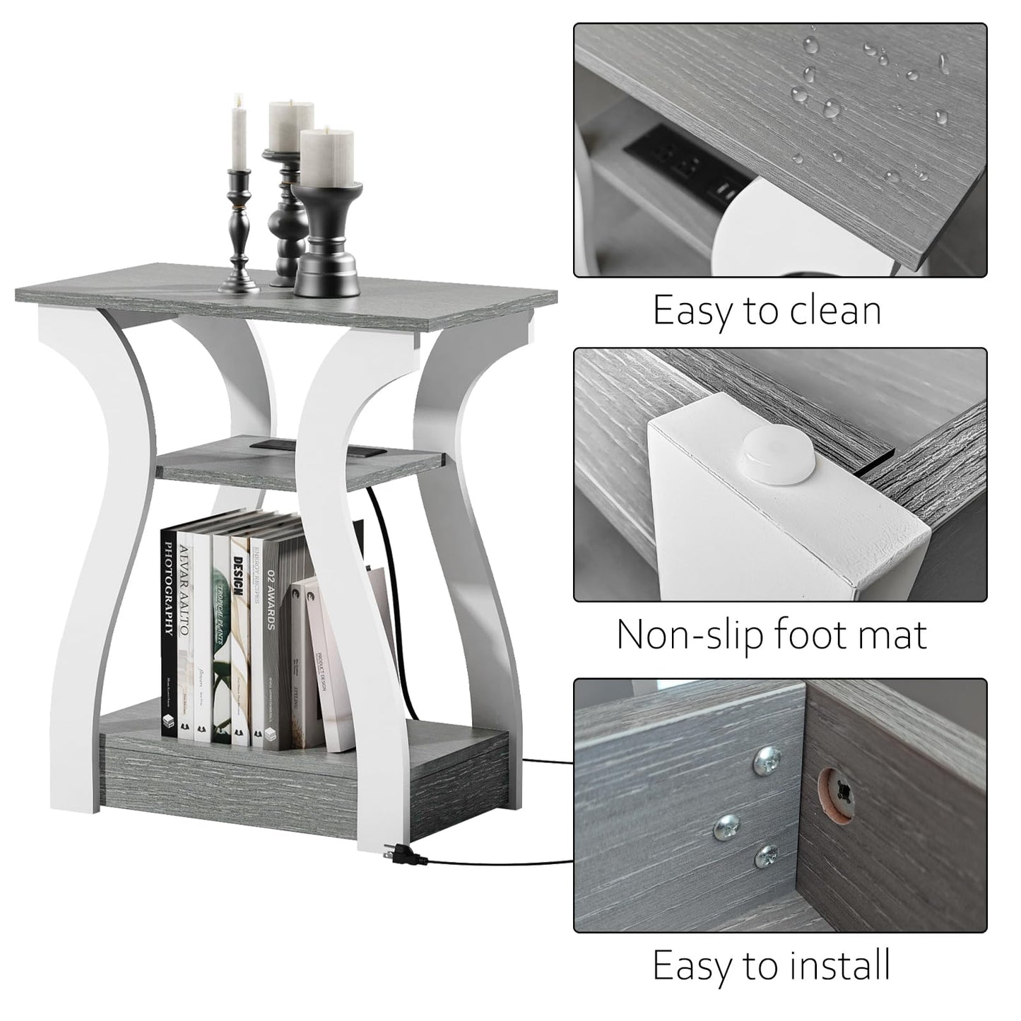 FROMJBEST End Tables Living Room, Grey End Table with Charging Station, Grey Side Table, Nightstand for Bedroom, 3 Tier End Table with Storage Shelf for Living Room