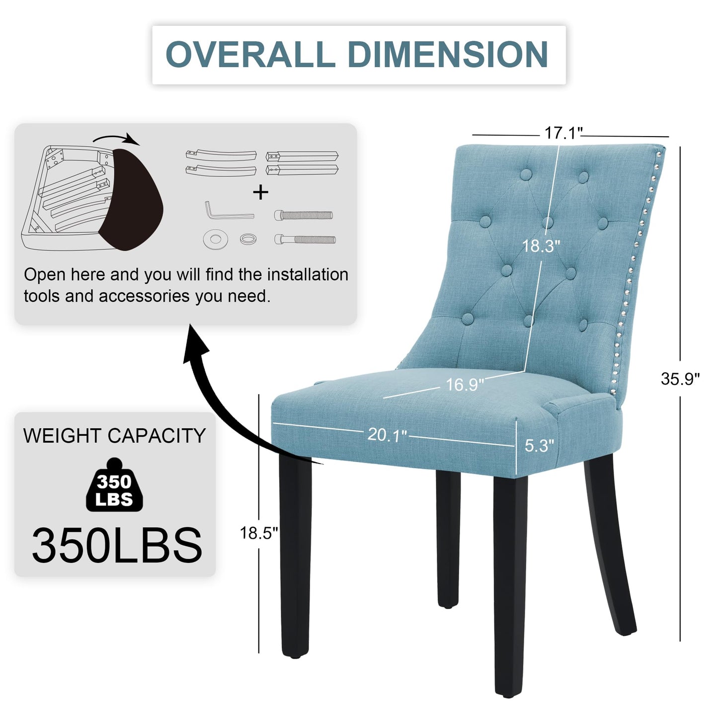UDAX Upholstered Tufted Dining Chairs Set of 4, Fabric Side Dining Room Chairs with Nailhead Back Ring Pull Trim Solid Wood Legs, Blue