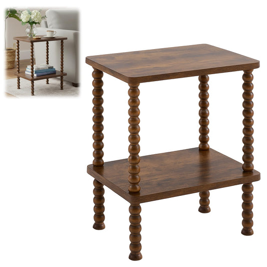 AceOrbit 2 Tier Spindle Side Table Small Rustic Vintage Bedside Nightstand Coffee End Table with Storage Shelf Nightstand for Small Space, Bedroom, Indoor Outdoor, Easy Assembly(Brown,Rectangle)
