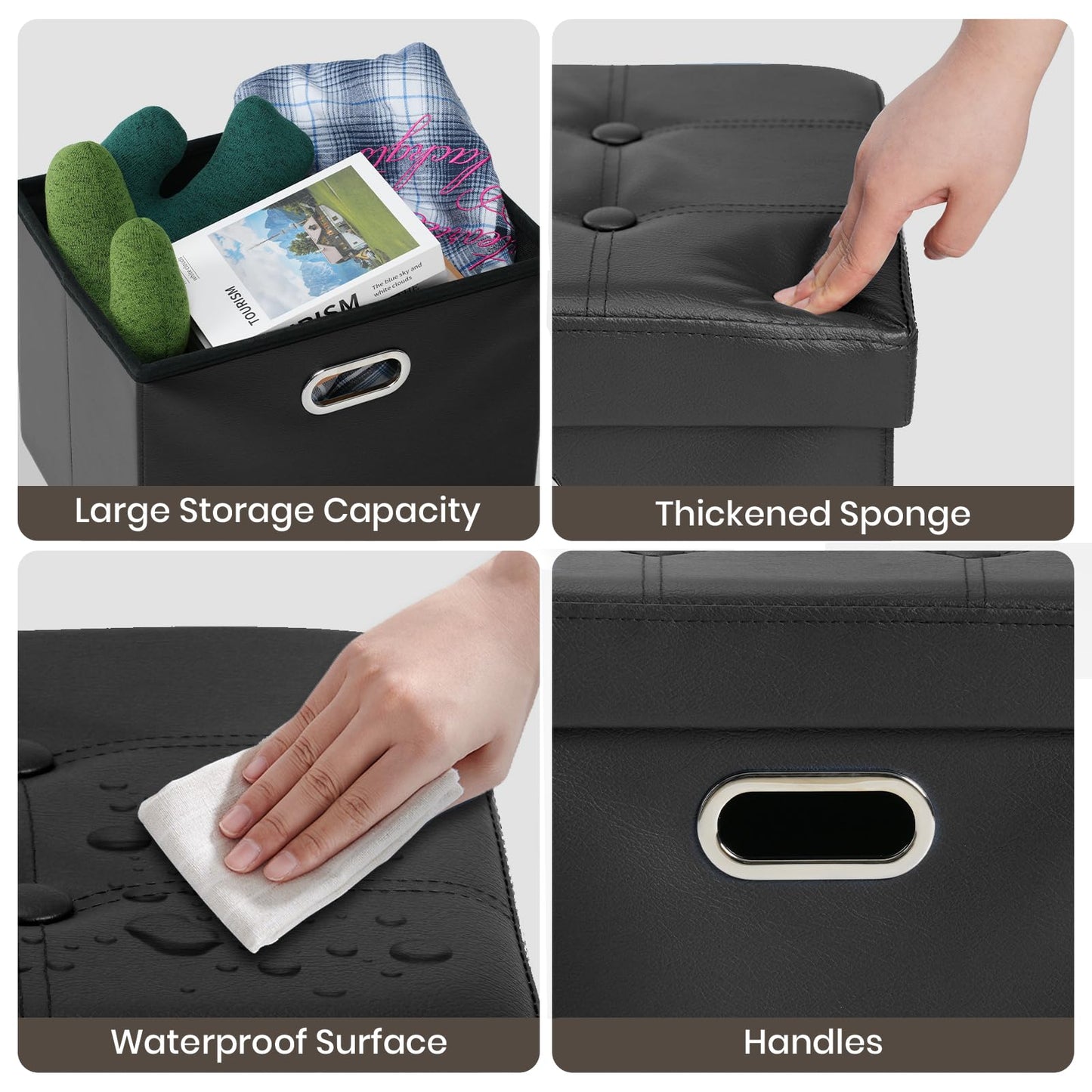 COSYLAND Ottoman with Storage Folding Leather Ottoman Footrest Foot Stool Black Ottoman for Room Small Rectangle Collapsible Bench Furniture with Handles Lid Toy Chest 17x13x13in
