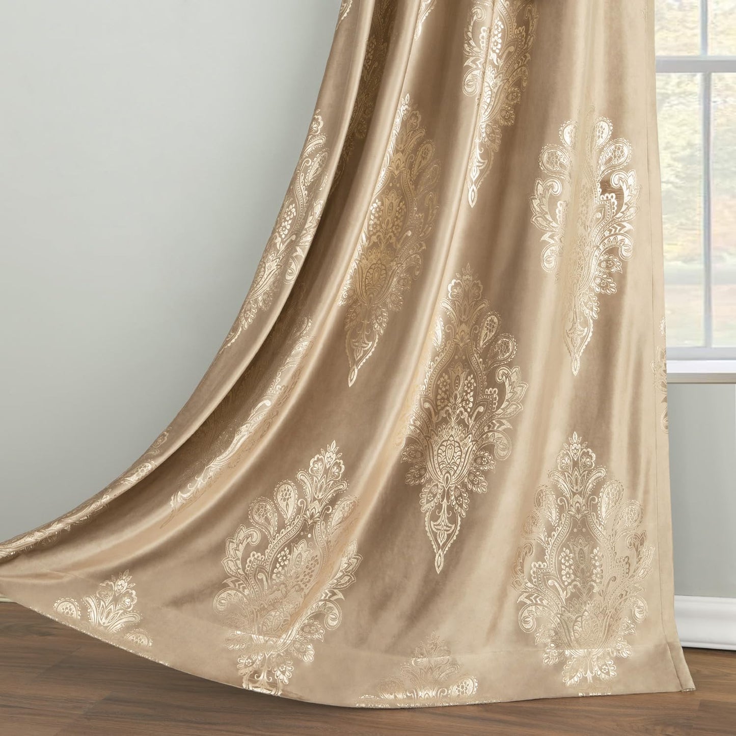 VOGOL Brown Blackout Bedroom Curtains, Luxury European Style Thermal Insulated Velvet Drapes for Living Room, Golden Flower Pattern Room Darkening Curtain, 2 Panels, 52 x 84
