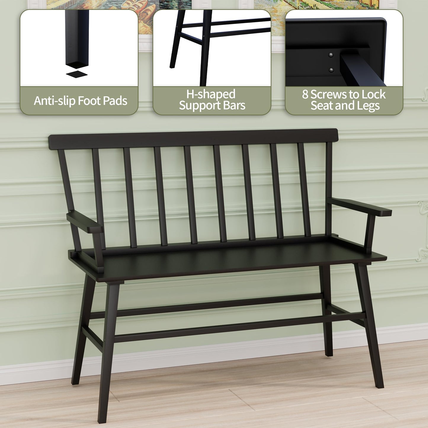 Wisuce Essentials Bamboo Dining Bench, Entryway Bench with Spindle Back Farmhouse Wood Windsor for Foyer Balcony Living Room (Black)