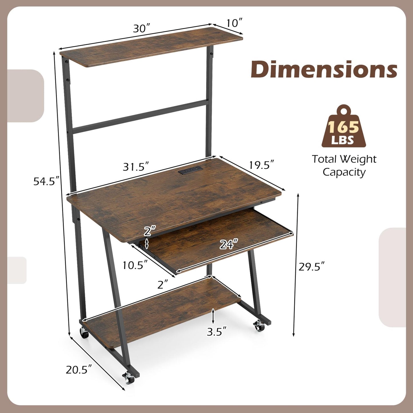 Giantex 31.5" Small Computer Desk with Charging Station & LED Lights, Rolling Home Office Desk w/Hutch, Keyboard Tray & Bottom Shelf, Study Writing Gaming Workstation Table for Bedroom, Rustic Brown