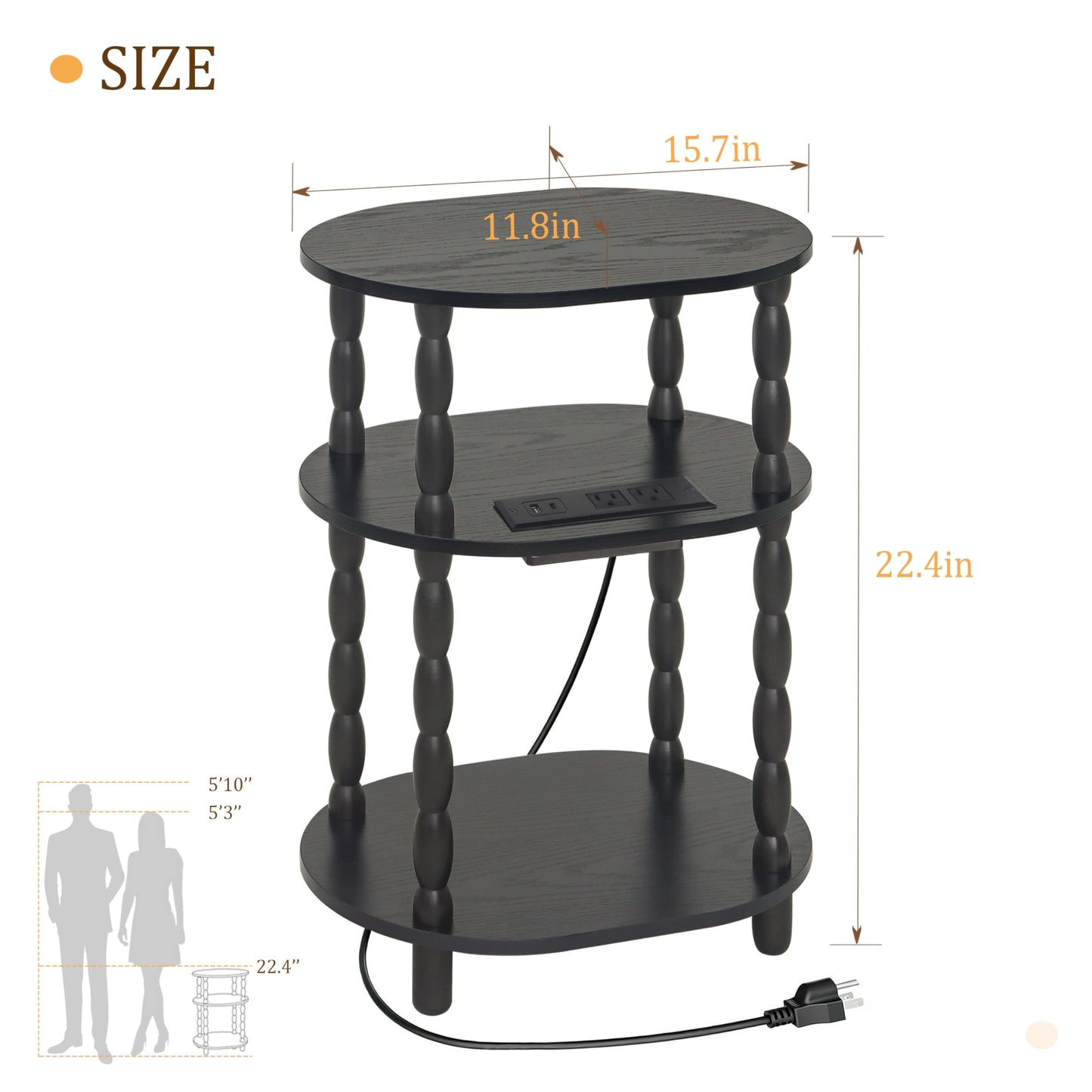 MaxSmeo Black Side Table with Charging Station, 3-Tier Small Oval End Table with USB Ports and Outlet, Modern Night Stand Wood Accent Table for Living Room, Bedroom, Black