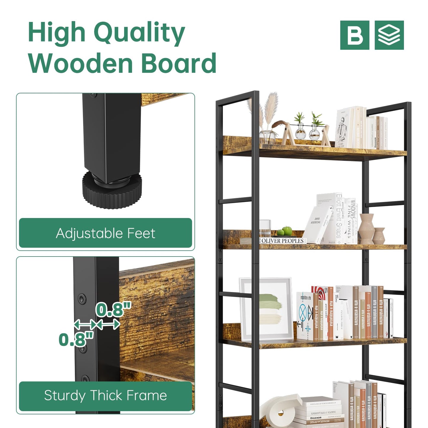 Ekisemio Bookshelf, 5 Tier Industrial Bookcase, Vertical Tall Bookshelf, Wood and Black Metal Open Shelves, Farmhouse Storage Rack for Living Room, Home Office, Bedroom, Rustic Brown