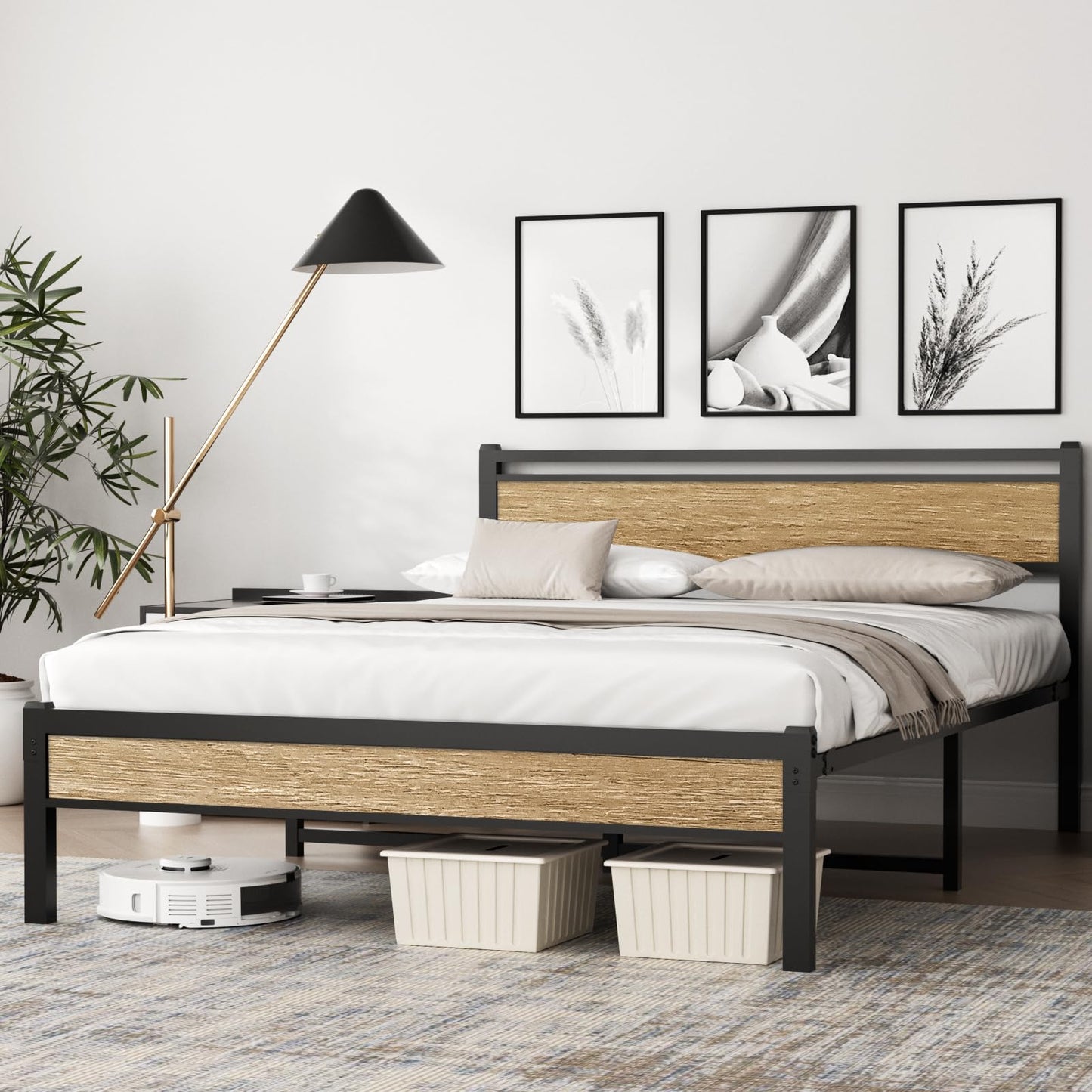 Easy Install 16 Inch Queen Size Bed Frame,Metal Platform Bed Frame with Wooden Headboard and Footboard,Mattress Foundation,Large Under Bed Storage,No Box Spring Needed,Non-Slip Without Noise,Walnut
