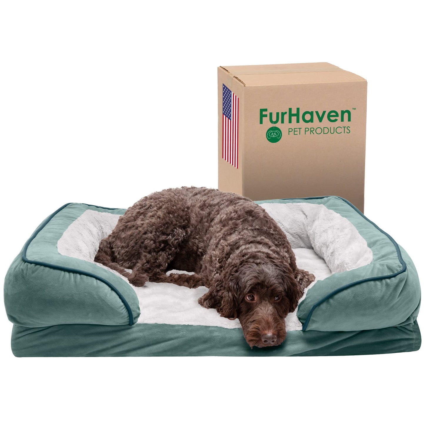 Furhaven Cooling Gel Dog Bed for Large/Medium Dogs w/ Removable Bolsters & Washable Cover, For Dogs Up to 55 lbs - Plush & Velvet Waves Perfect Comfort Sofa - Celadon Green, Large
