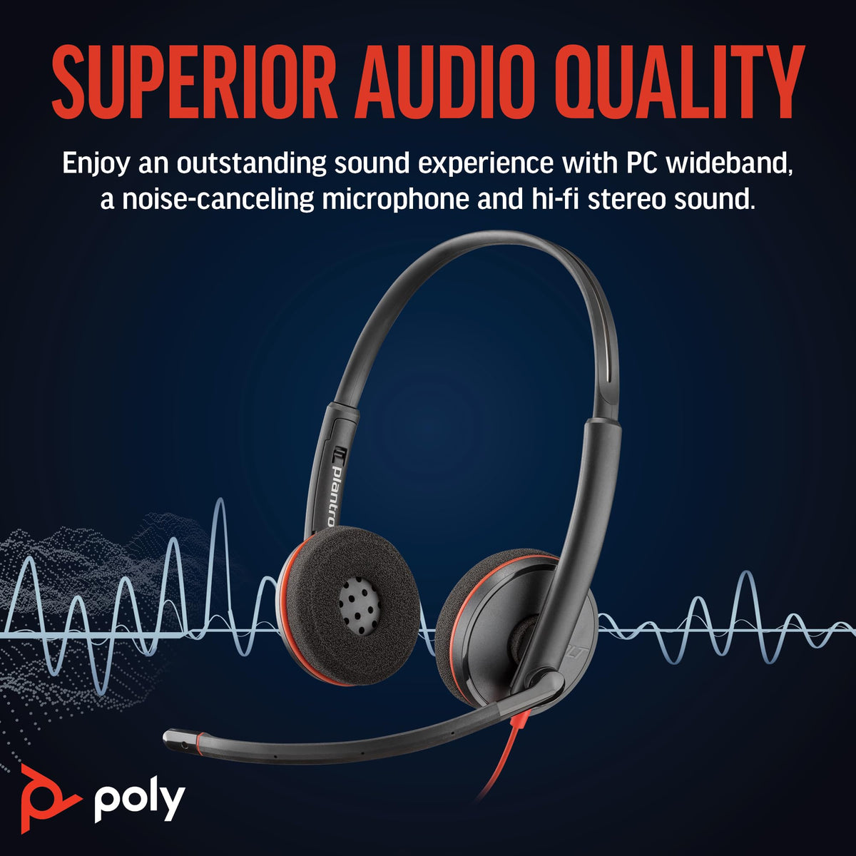 Poly Blackwire 3220 Wired Headset with Mic, Hi-Fi Stereo Sound, Noise-Canceling Mic, Stereo Design, Connect to PC via USB-C & USB-A Adapter, Over-Ear Design, Works with Virtual Meeting Platforms