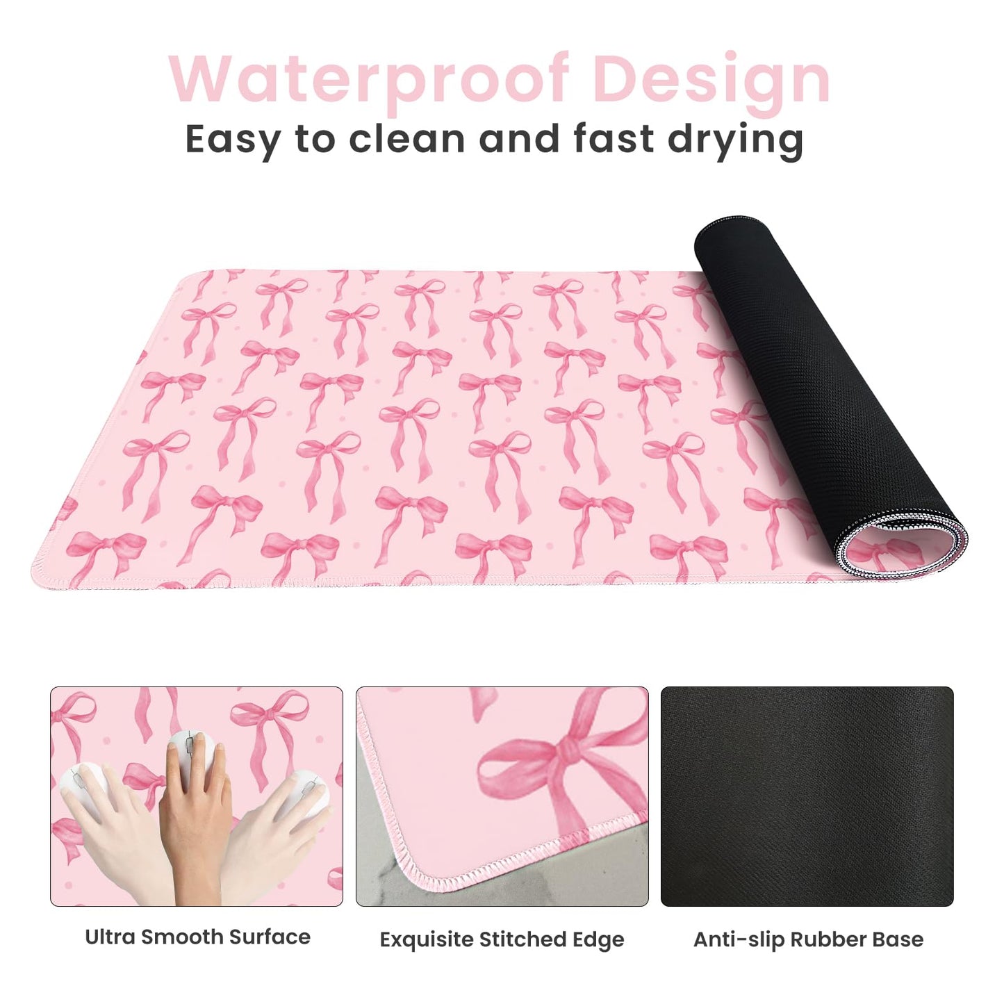Pink Desk Mat with Bows, Cute Mouse Pad for Computer Laptop PC Non-Slip Rubber Base Gaming Keyboard Pad, Large Office Mat Girly Décor Office Supplies Desk Accessories for Teen Girls Women 31.5 x 15.7