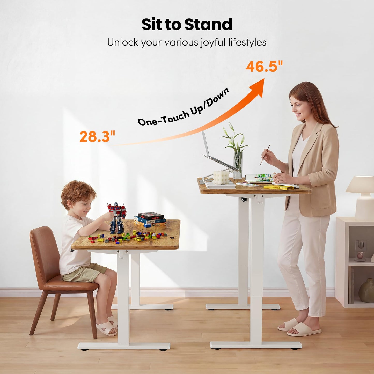 FEZIBO One-Piece Standing Desk, 32"x20" Seamless Tabletop Electric Height Adjustable for Home Office, Study Rooms & Multi-Device Workstations, Light Rustic