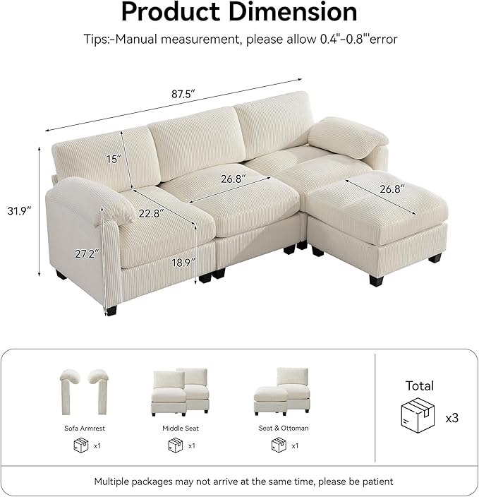 87.5'' L Shaped Modular Sectional Sofa, 3 Seater Cloud Couch
