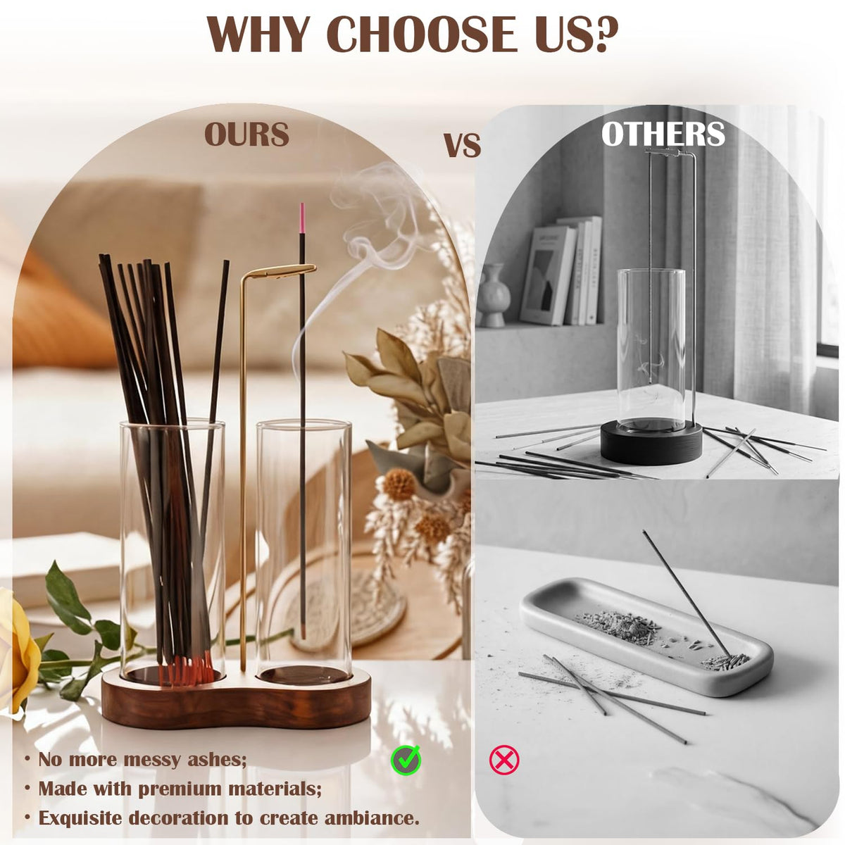 2 in 1 Mess-Free Hanging Incense Holder for Sticks, Anti-Ash Glass Incense Burner with Wooden Tray, Vertical Brass Stand Catcher, Aesthetic Zen Room Decor for Aromatherapy and Meditation