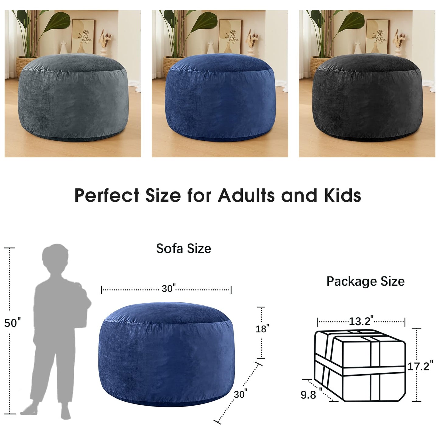 ILPEOD Bean Bag Chairs for Adults - Memory Foam Furniture BeanBag Chair - Kids/Teens Sofa with Soft Micro Fiber Cover - Round Fluffy Couch for Living Room Bedroom College Dorm, Navy