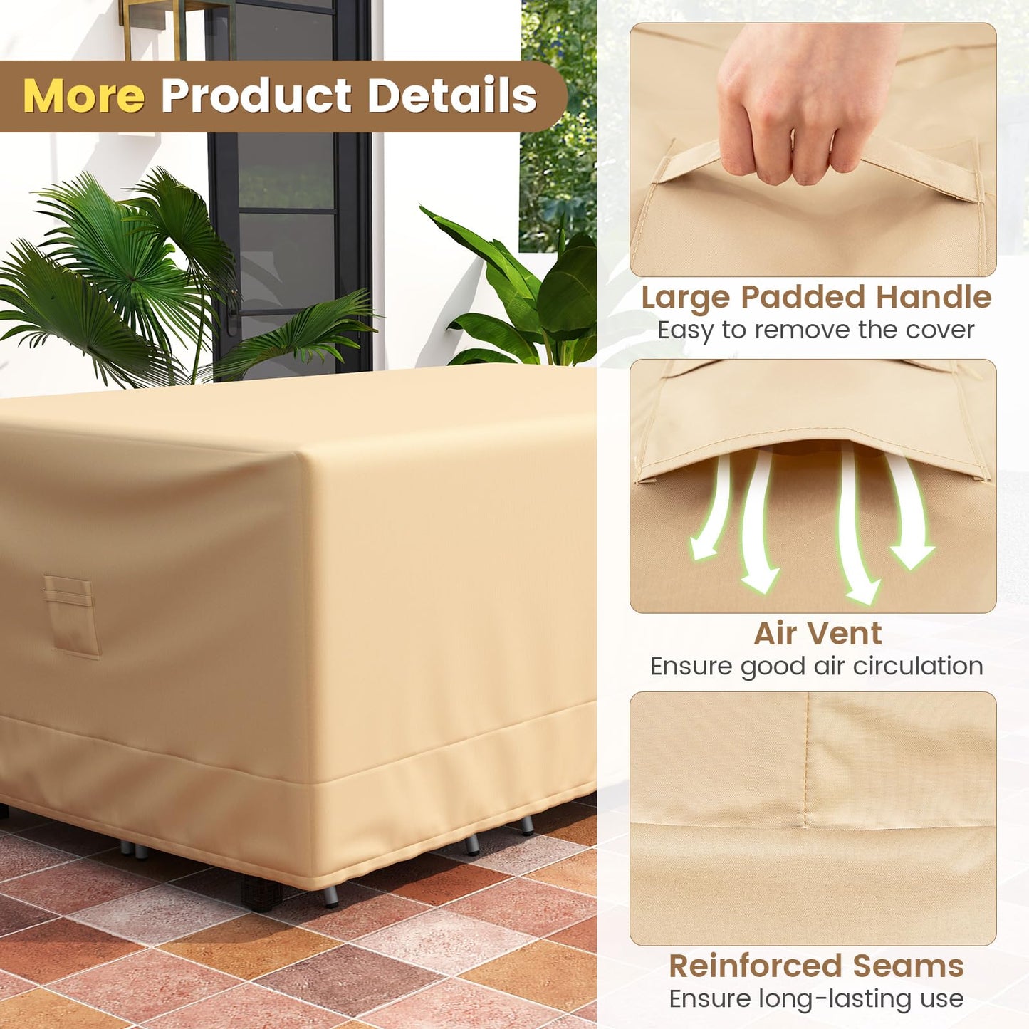 Tangkula Patio Furniture Covers, Outdoor Table Cover Waterproof with Padded Handle & Click-Close Straps, Air Vent, Heavy Duty PU, Rectangle Patio Cover for Outdoor Furniture, 90" W x 50" D x 32" H