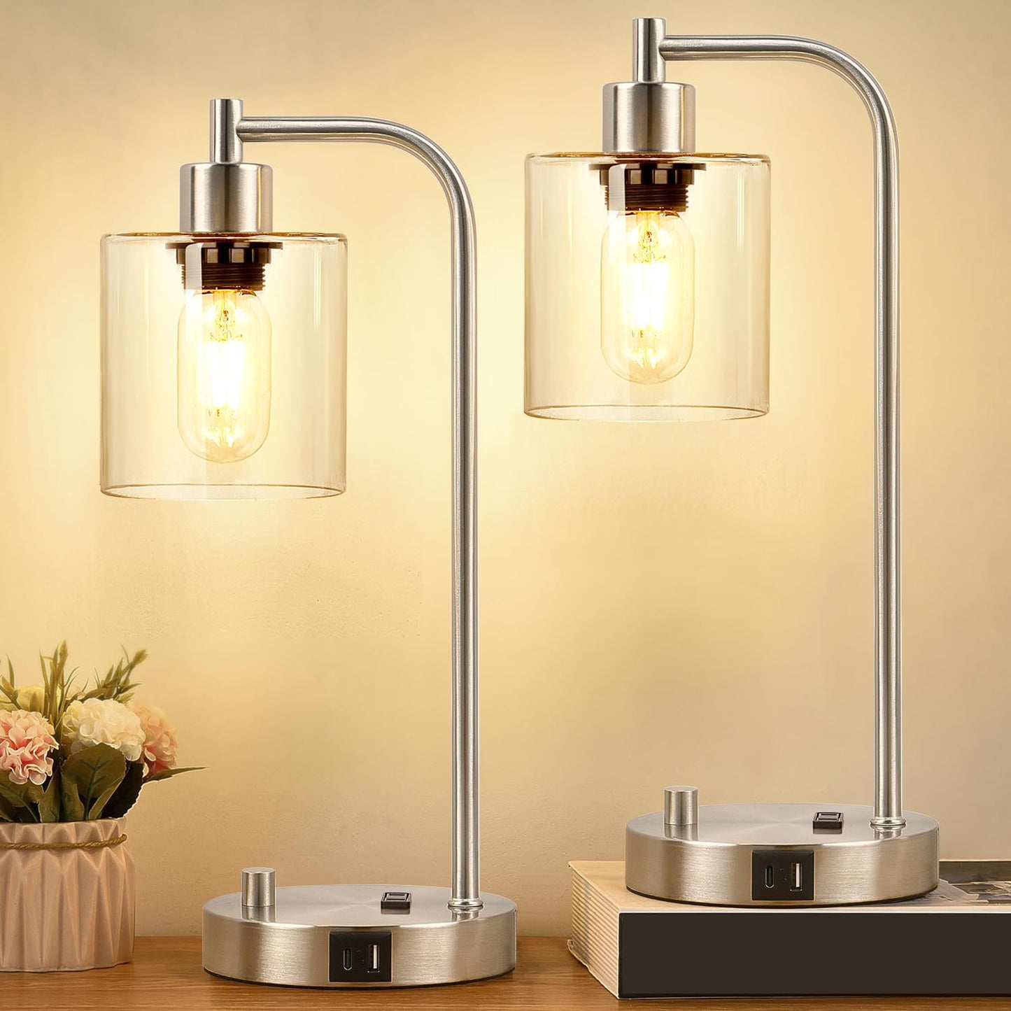 Set of 2 Industrial Table Lamps with USB C+A Ports and Outlet, Brushed Nickle Fully Stepless Dimmable Bedside Lamps, Nightstand Lamp with Clear Glass Shade for Bedroom Living Room 2 LED Bulb Included
