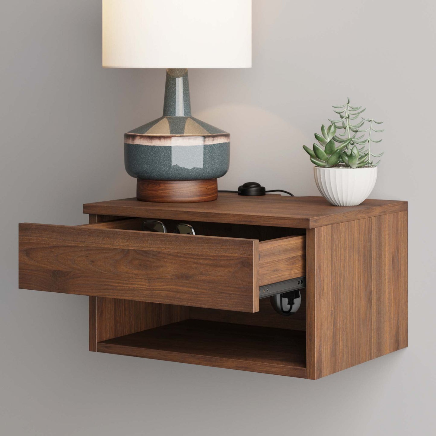Nathan James Jackson Wall Mounted Floating Bedroom Nightstand with Storage Drawer and Modern Open Shelf Cubby, Dark Brown Walnut