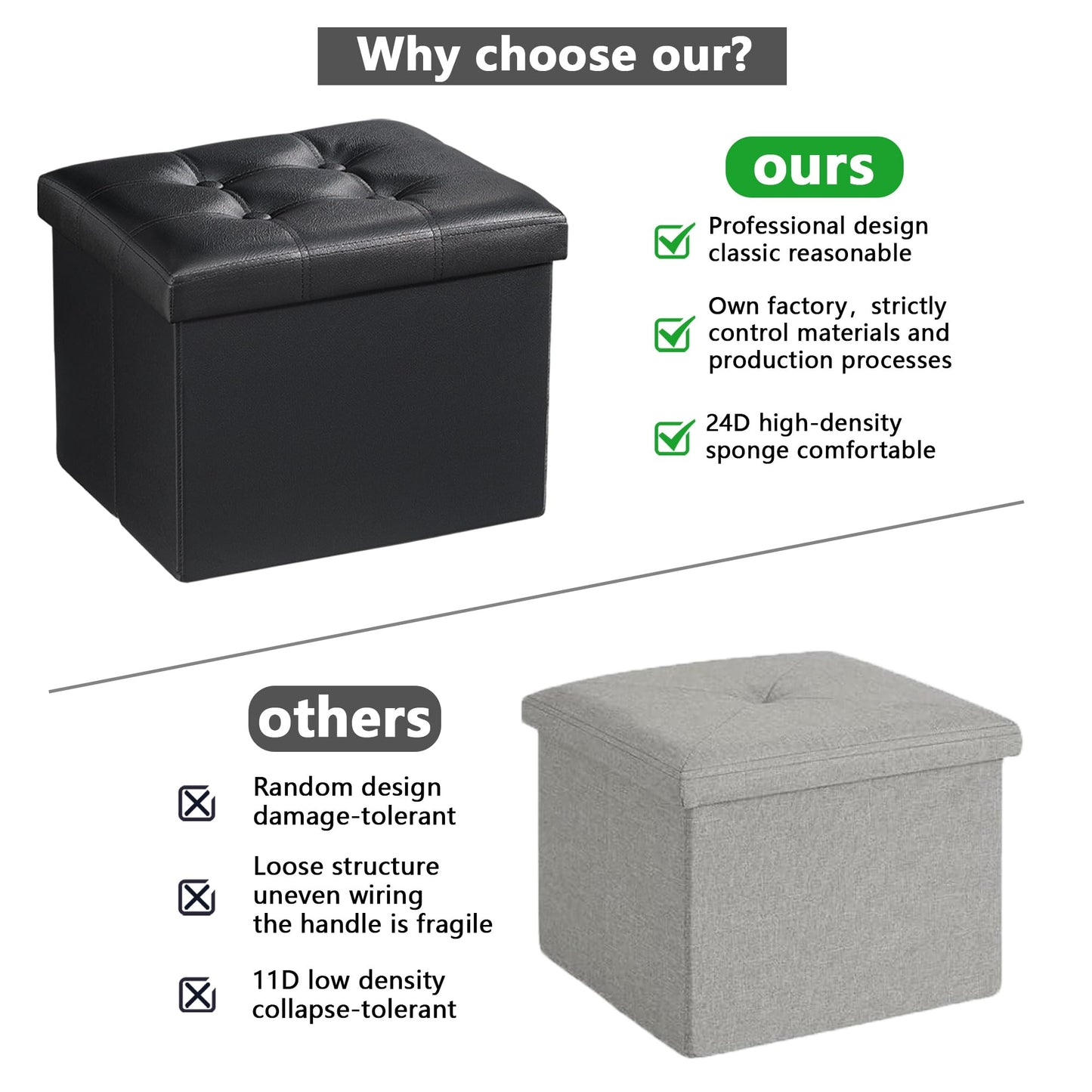 AmasSmile Storage Ottoman Folding Foot Rest Stool, Leather Footstool Bench, Short Ottoman Stool, Storage Foot Rest Store, Books (Black, 17" D x 13" W x 13" H)