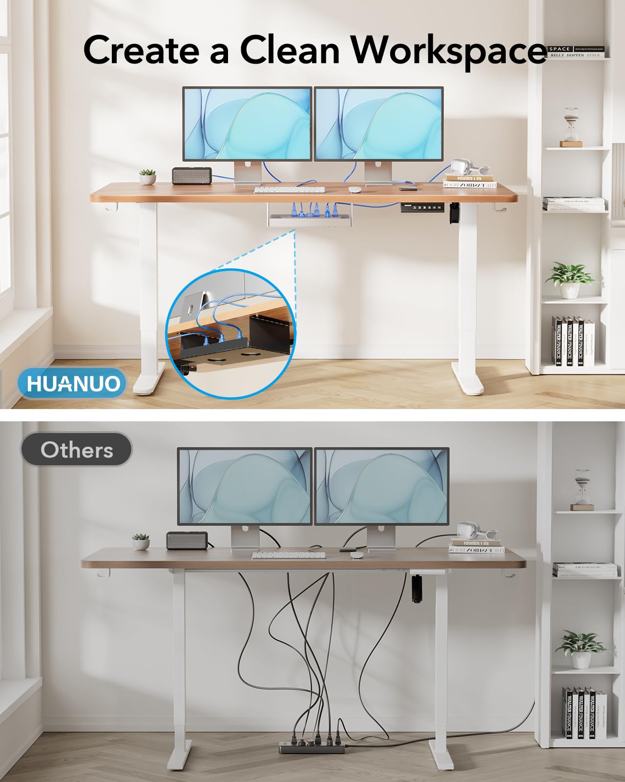 HUANUO Standing Desk Frame with 220lbs Powerful Brushless Motor, Thick T-Shaped Adjustable Desk Legs Made of Automotive-Grade Steel, for Max 75″ x 35″ Desktop, for Home Office, White Frame Only