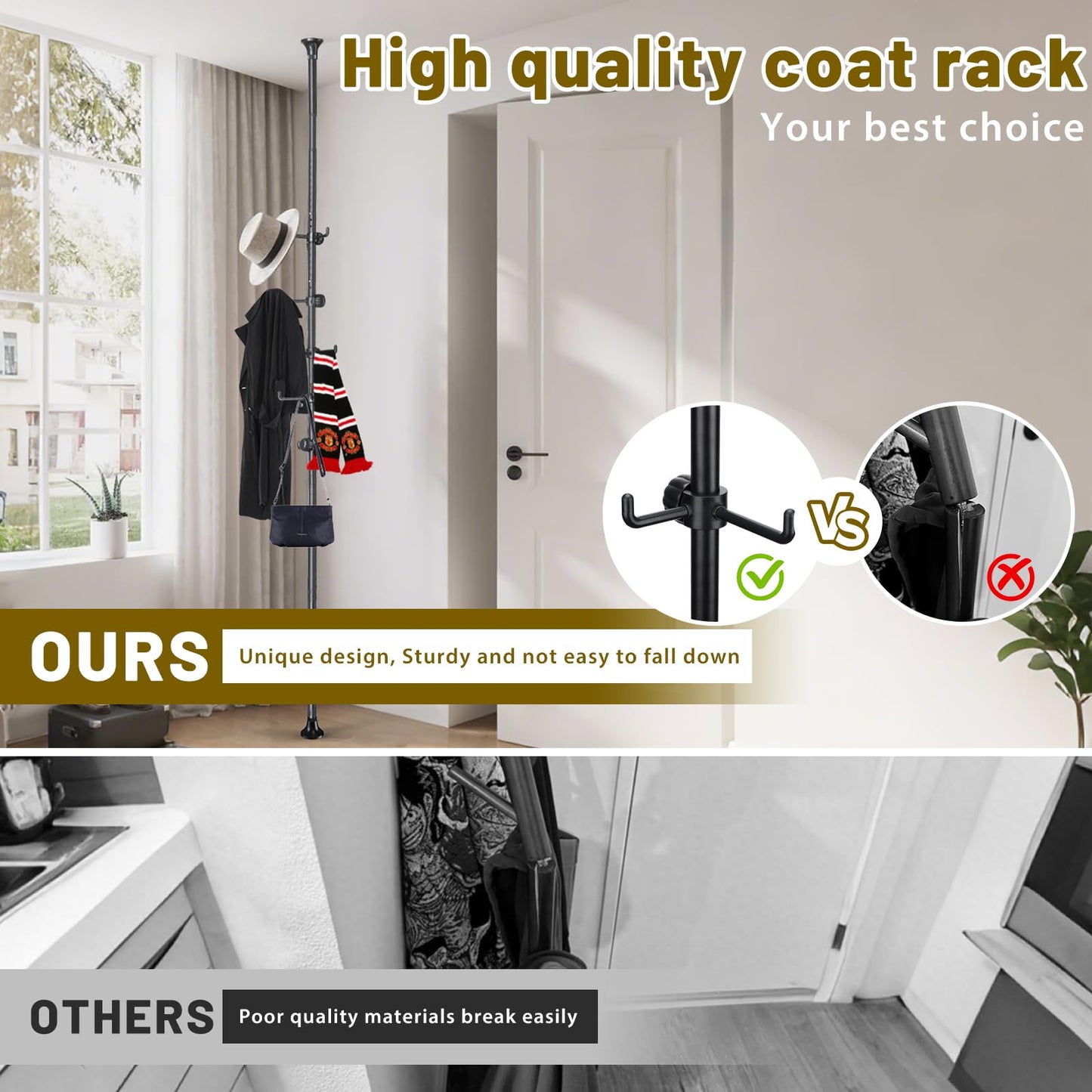 TAILERNRUYE Coat Rack Freestanding,Adjustable 56-125 inch Tension Rod Coat Tree 12 Hooks Hanger Stand for Coat Hat Bedroom Livingroom Kitchen Bathroom Apartment Entryway Hall Office Black