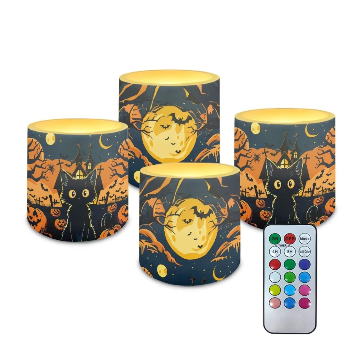 Merkmak Pack of 4 Flameless Candles Halloween Battery Operated Candles with Remote and Timer Flickering LED Elictric Pillar Tealights for Indoor Outdoor Party Decorations, Pumpkin Black Cat