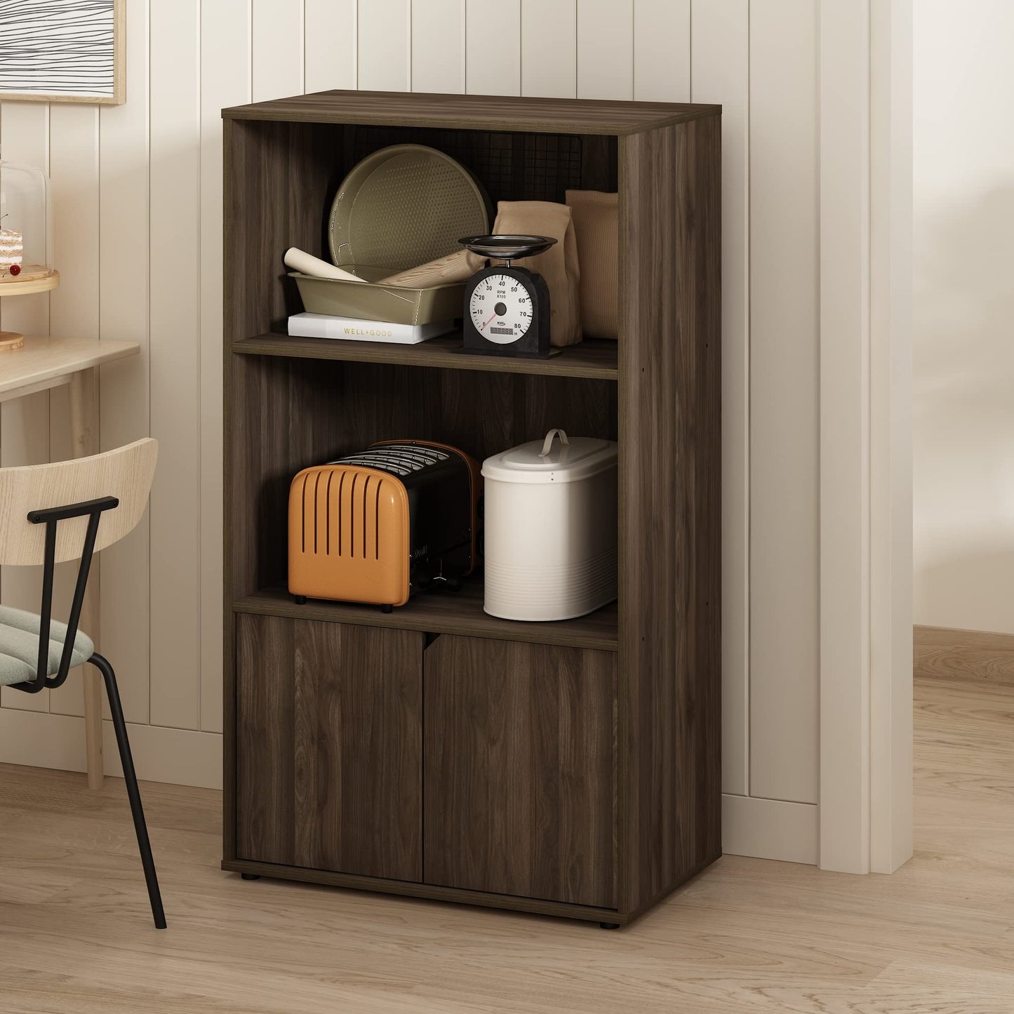 Furinno Jaya Pantry Organizers, 3-Tier Kitchen Cabinet, Coffee Bar, Kitchen Storage with Open Shelves and Closed Cabinet, for Pantry Organizers and Storage, Brown Walnut