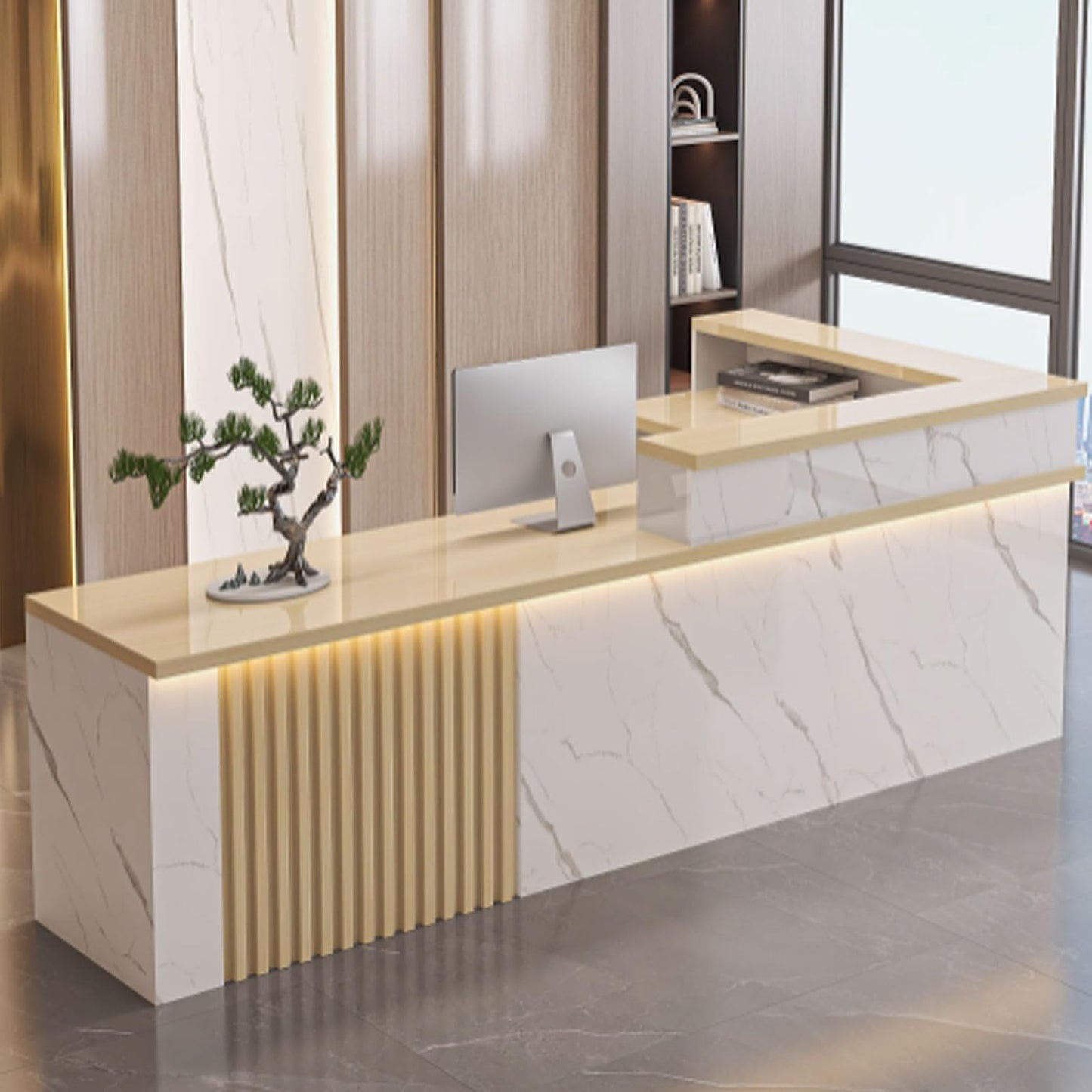 Stylish Modern Reception Desk with LED Light, 120cm Office Counter Table, Functional Storage for Beauty Salons & Lobbies, White & Natural Finish Furniture