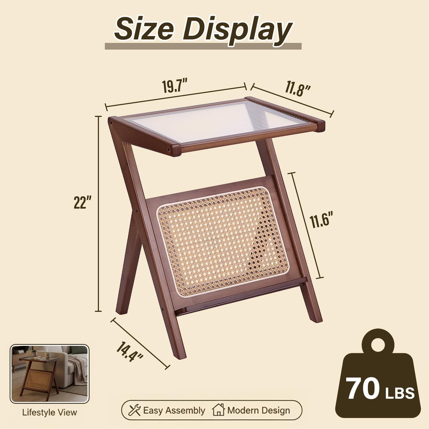 Tiita 2 Pack Rattan Side Table, Mid Century Nightstand, Bamboo Accent Bedside Tables, Glass Coffee Tables, Boho Wooden End Table with Storage for Small Space, Living Room and Bedroom