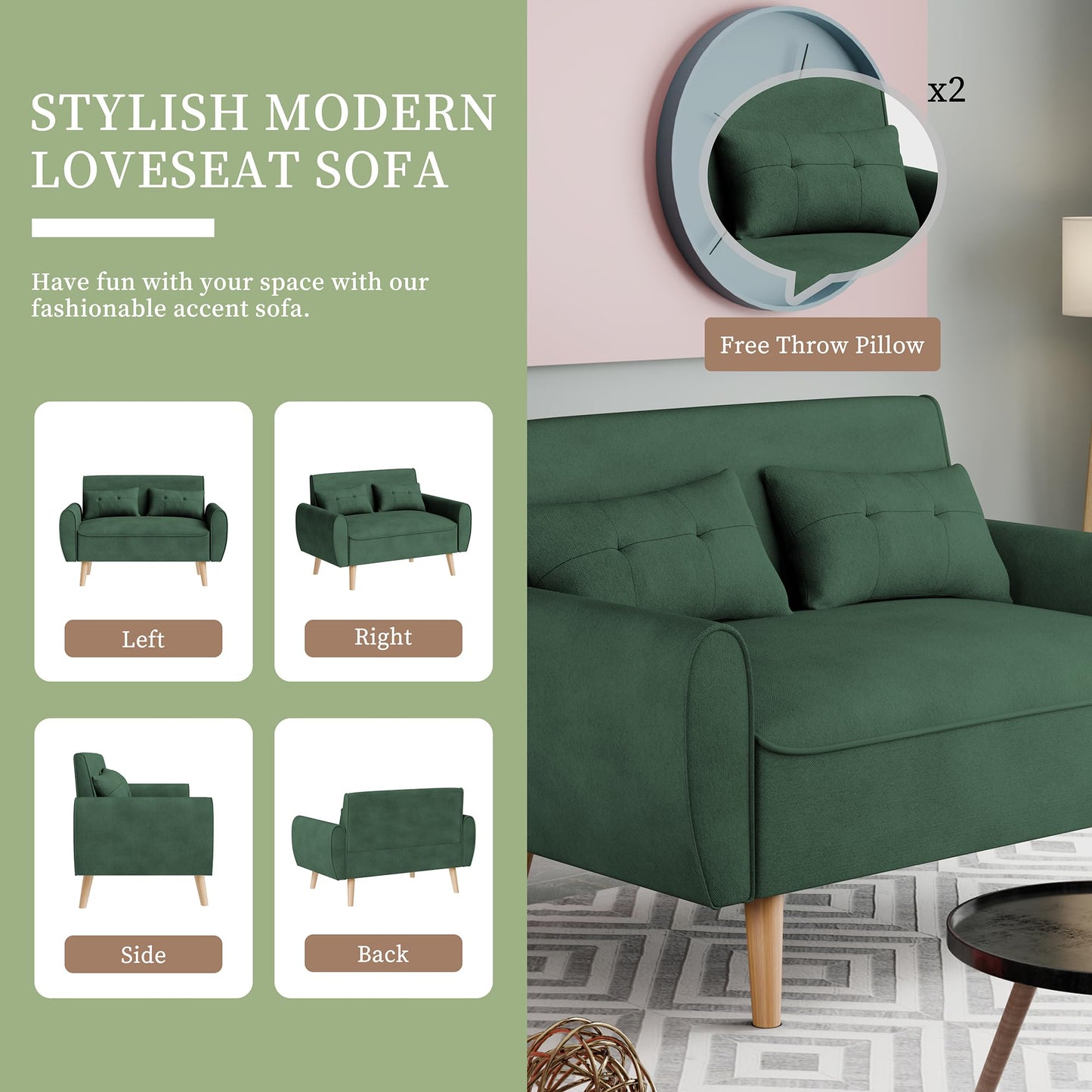 Vongrasig 47" Small Modern Loveseat Sofa, Mid Century Linen Fabric 2-Seat Sofa Couch Tufted Love Seat with Back Cushions and Tapered Legs for Living Room, Bedroom and Small Space (Green)