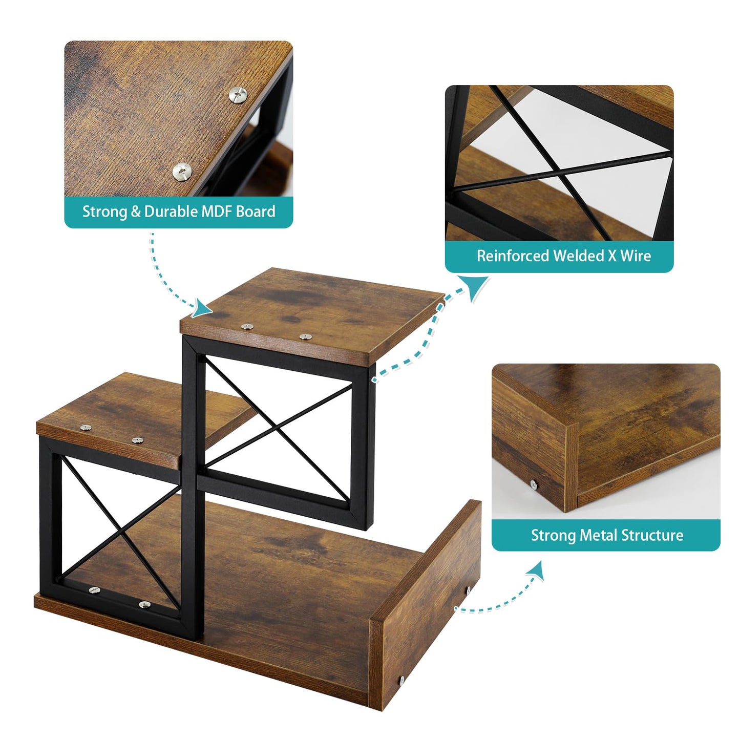 Jolitac Wood Desktop Shelf, Desktop Organizer Office Storage Rack Adjustable Wood Display Shelf 3 Tier Storage Display Rack Office Decor Stand Shelves with Metal Frame (Brown)