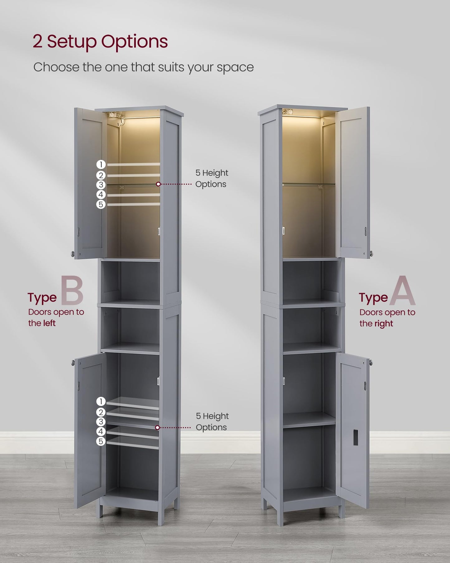 VASAGLE Tall Storage Cabinet with Lights, Slim Freestanding Cabinet with Adjustable Shelves, for Small Spaces, Bathroom, Living Room, Modern, 11.8 Inches Wide, Dove Gray UBBC566G02