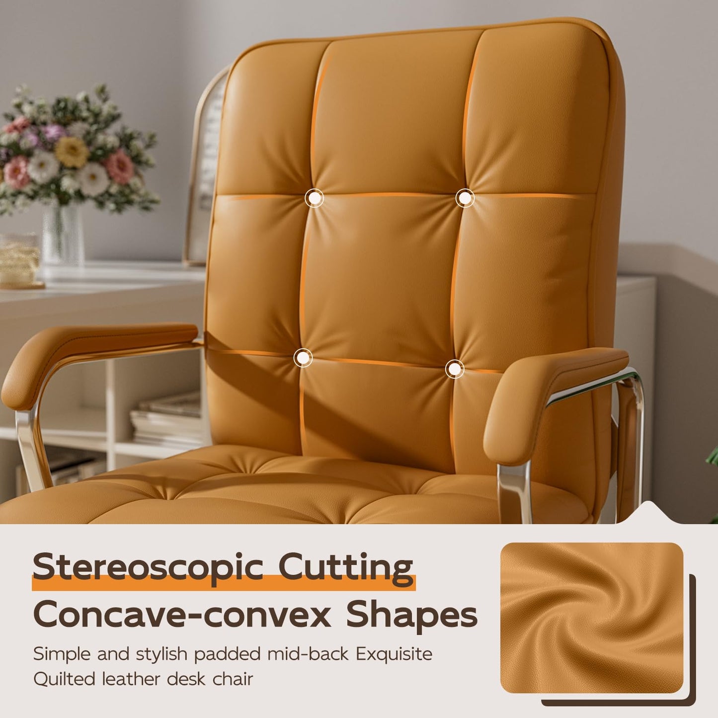 HomeZeer Brown Office Chair, Mid Back Leather Desk Chair with Wheels and Padded Arms, Swivel Vanity Chair for Bedroom, Computer Chair for Study and Work