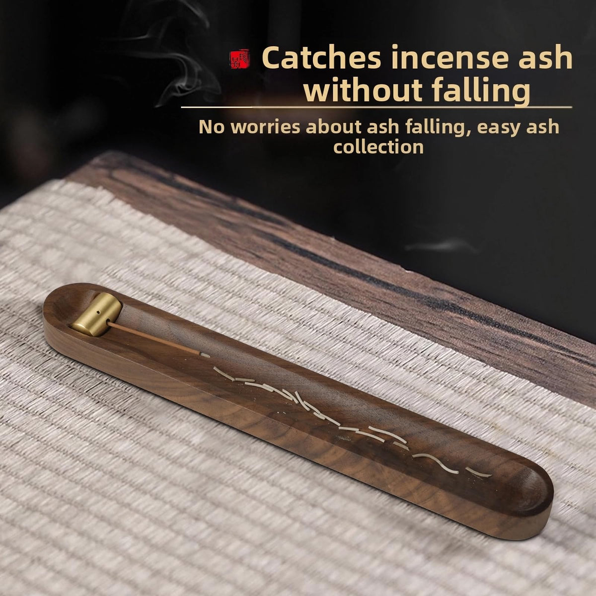 Wood Incense Holder for Sticks with Ash Catcher, 7.2 Inch Brass Incense Burner with 3 Holes, Wooden Incense Stick Holder for Meditation, Yoga, SPA & Home Decor