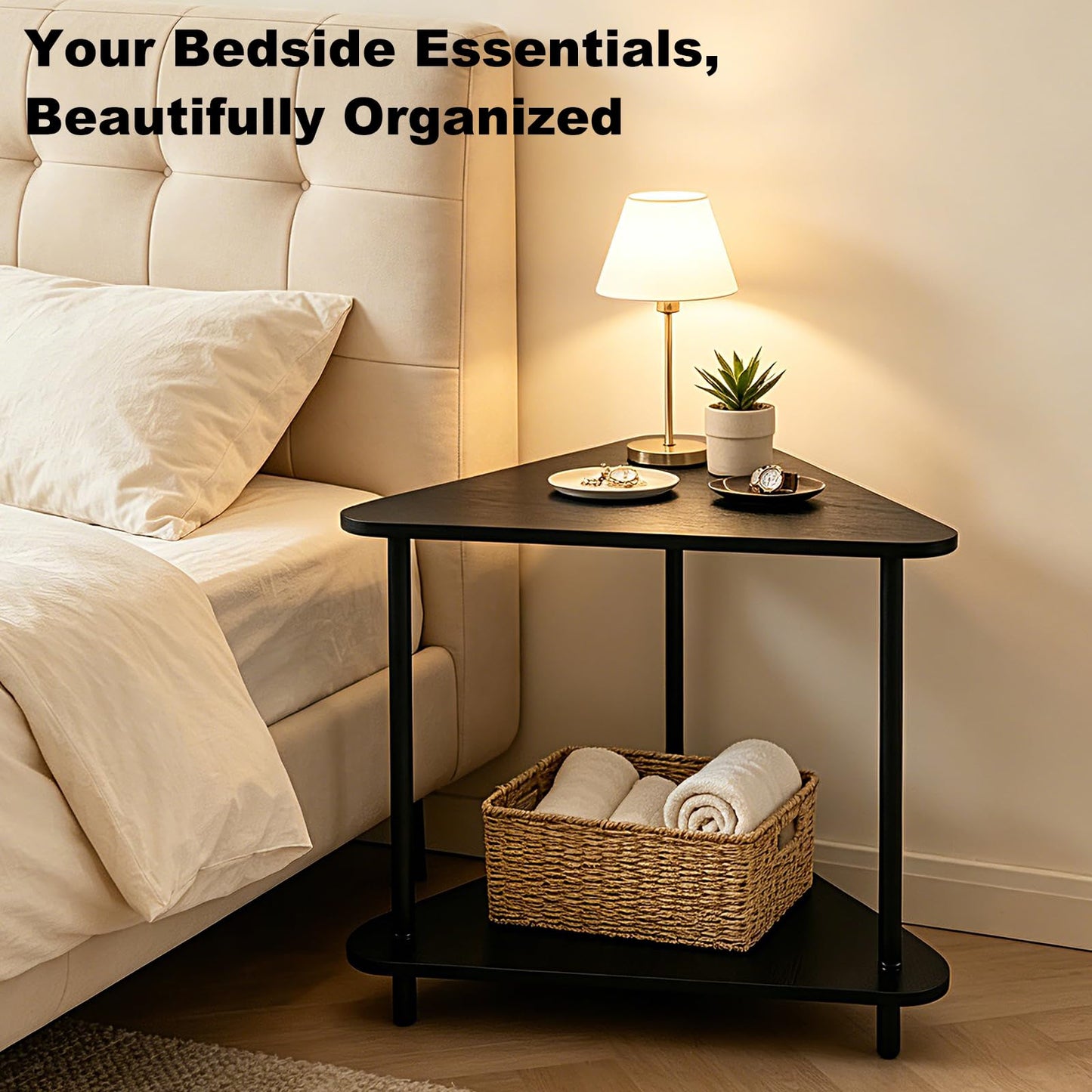TECHYAP Black Triangle Side Table, 22" Small Corner End Table Triangle Night Stand 2-Tier with Storage Shelf, Coffee Corner Tables for Living Room Bedroom Nightstand ModernMinimalist Bedside Table