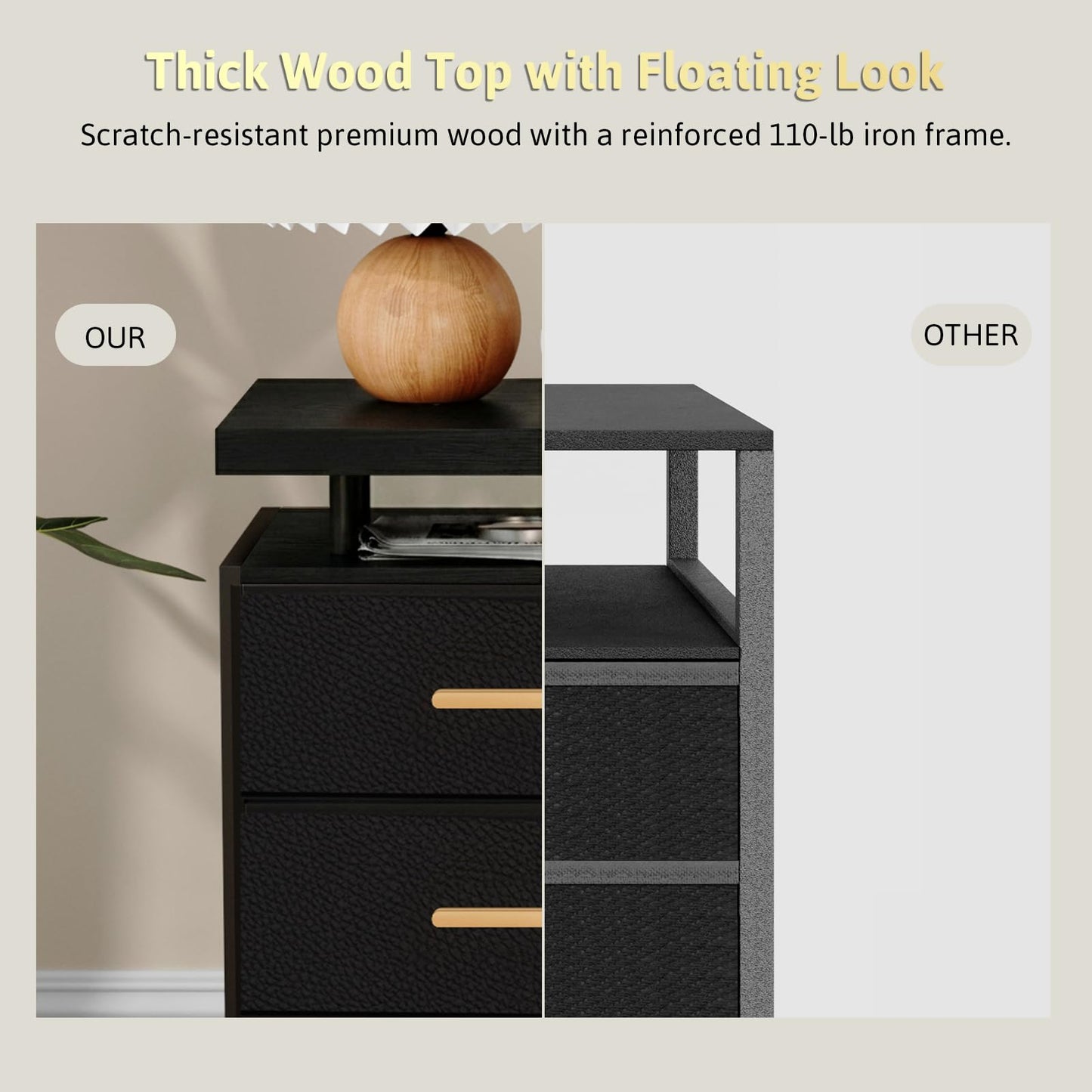 DreamDashio Nightstand Set of 2 with LED Lights, 3 Fabric Storage Drawers with PU Finish, Floating Top Design, Bedside Table with Open Shelf, End Table for Bedroom, Living Room, Office Black