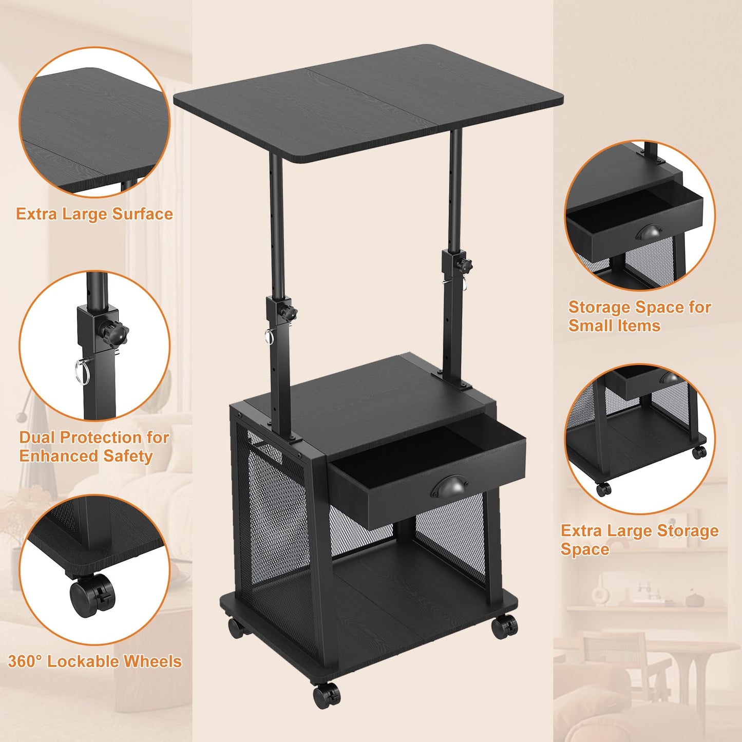 Height Adjustable Standing Desk with Wheels,Mobile Sit Stand Up Desk with Drawer,Rolling Laptop Computer Desk with storage,Portable Podium Teacher Stand Desk,Narrow Walking Pad Desk for Home Office