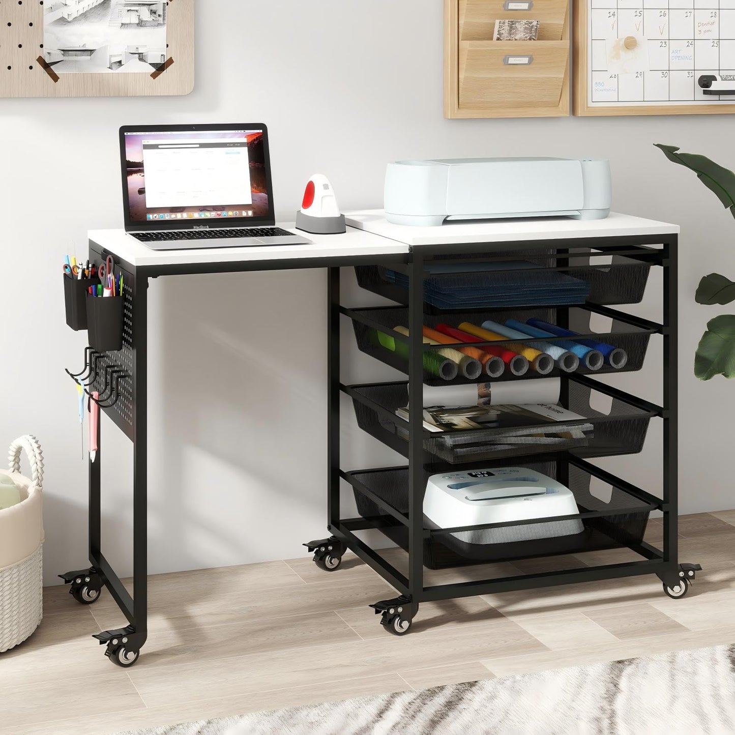 Rolling Craft Storage Cart with Wheels & Mesh Drawers, Extendable Craft Table with Pegboard Organizer, Muti-functional Work Table for Sewing, Arts and Crafts, Scrapbooking Storage,3D Printers (White)