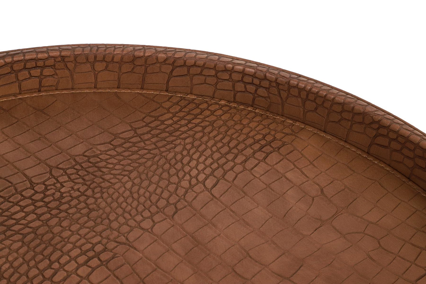 HofferRuffer Round Serving Tray 20'', Elegant Faux Leather Circle Ottoman Table Tray, Serve Tea Coffee Breakfast in Bedroom Living Room Kitchen (Brown)