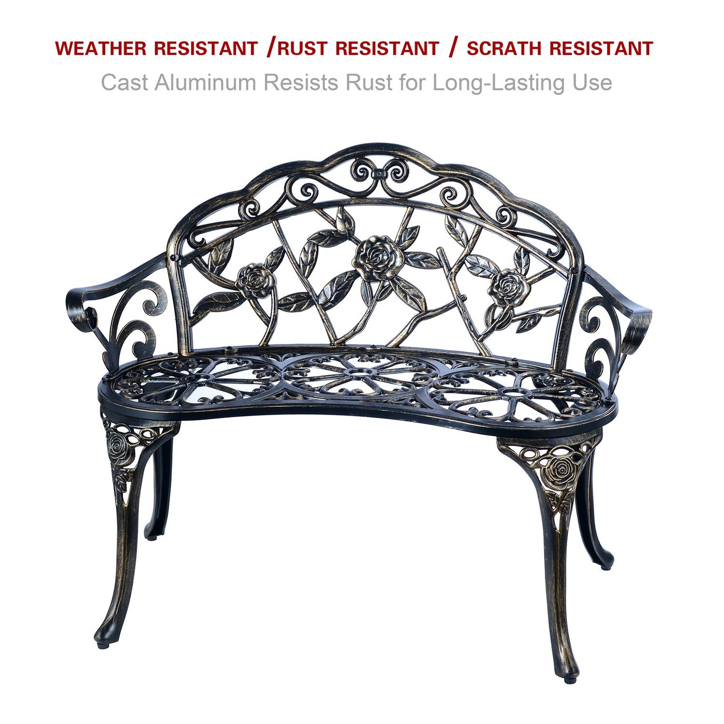 Patio Balcony Bench Double Seat, Anti-Rust Cast Aluminum Patio Garden Bench for Park Yard Outdoor Furniture Copper.1