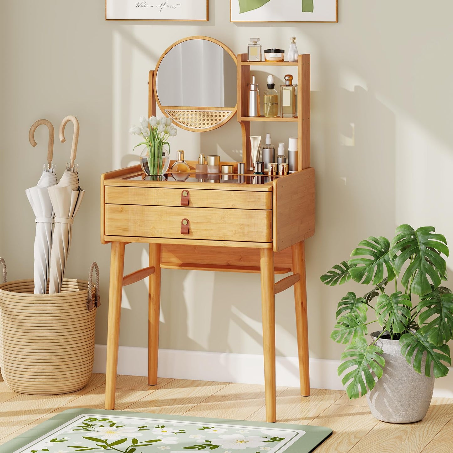 COSTWAY Vanity Desk with Mirror, Bamboo Makeup Vanity Set w/ 2 Drawers, 2 Shelves, Tabletop Storage Compartment & Clear Tempered Glass Tabletop, Small Bedroom Dressing Table for Adult Teens