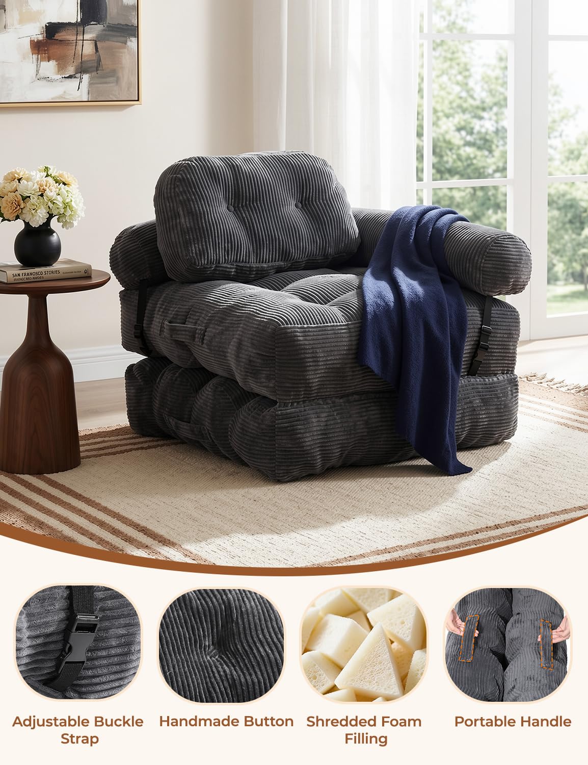 Vellorise Folding Sofa Bed, L-Shaped Couch Back Support and Arm Pillow Futon, Convertible Sofa Bed for Living Room/Guest Use/Home Office, Boneless Foldable Couch for Adults, Dark Gray