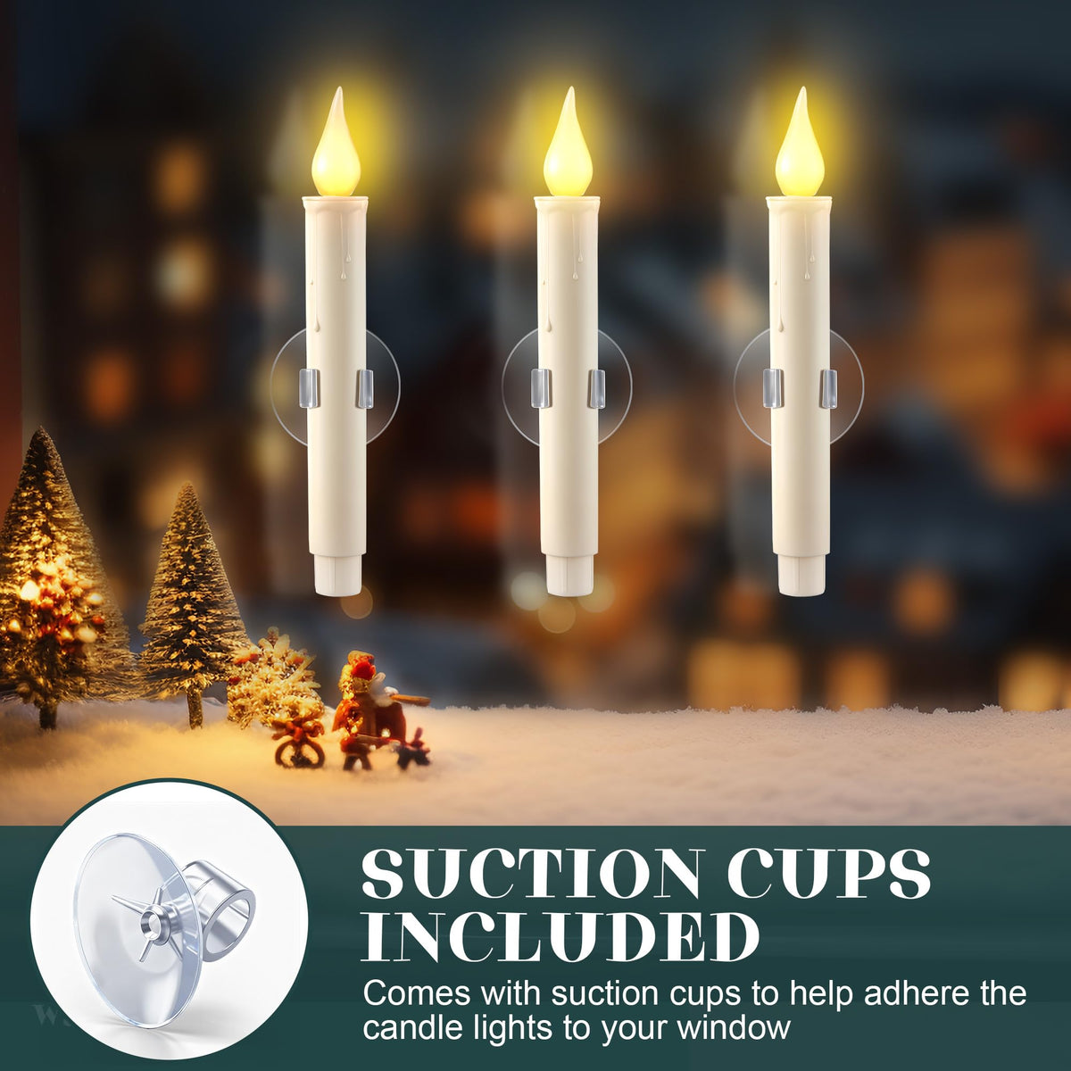 Enhon 6 Pack Battery Operated LED Window Candles, Dusk to Dawn Light Sensor, with Black Holders and Suction Cups, Ivory Christmas Window Candles, Amber Flicker Flame (Batteries AA Included)