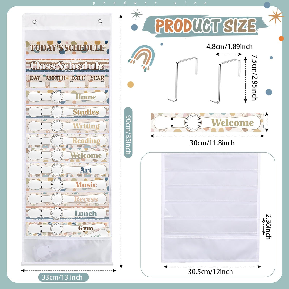 Sunnymove Daily Schedule Pocket Chart for Classroom Decor with 13+1 Pockets and 42 Designed Schedule Cards, Teacher Supplies for Preschool Classroom Home Office Back to School Decorations(Boho)