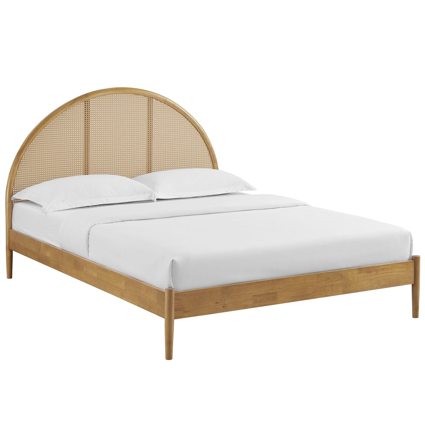 Modway Odette Arched Queen Platform Bed in Oak with Rattan Cane Headboard – Wooden Queen Half Moon Bed Frame – Mid-Century Modern Queen Size Platform Bed Frame