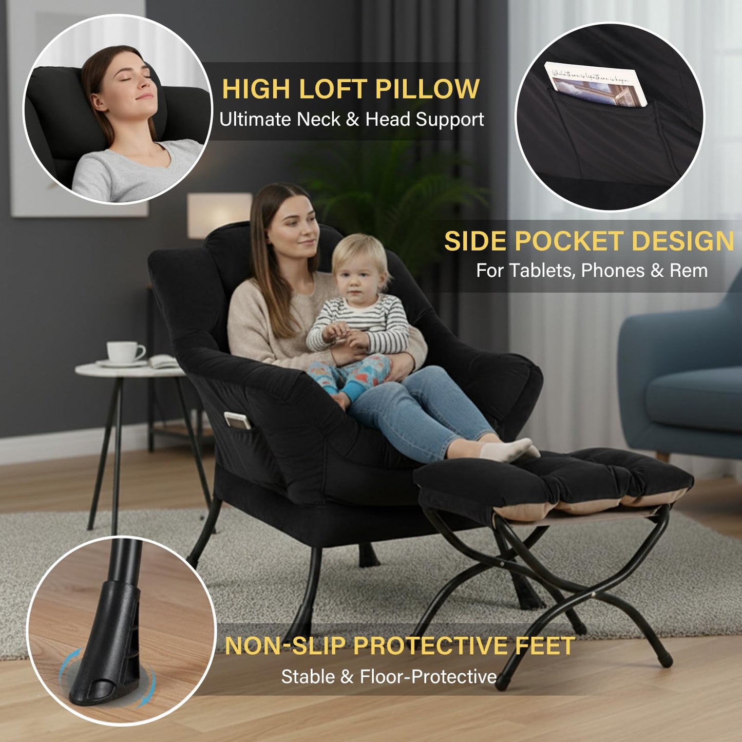 Givjoy Lazy Chair and Ottoman, Black Velvet Large Accent Chair with a Side Pocket, Modern Leisure Upholstered Sofa Reading Armchair with Footrest for Office, Bedroom, Living Room, Dorm Rooms, Balcony