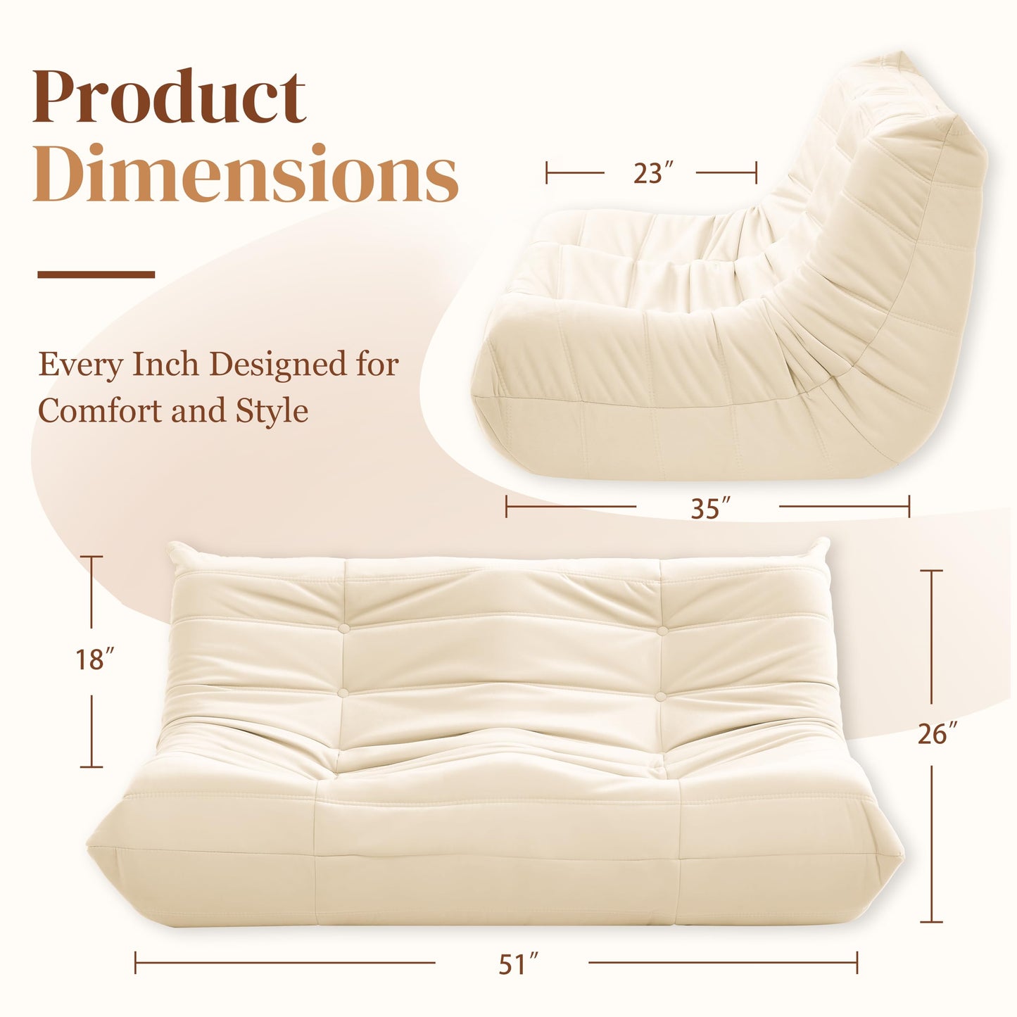 Bean Bag Chair, Loveseat Fireside Chair Bean Bag Sofa for Adults, 2 Seater Bean Bag Chairs for Teens with High-Resilience Foam, Memory Foam Bean Bag for Living Room, Bedroom, Office (Suede, Beige)