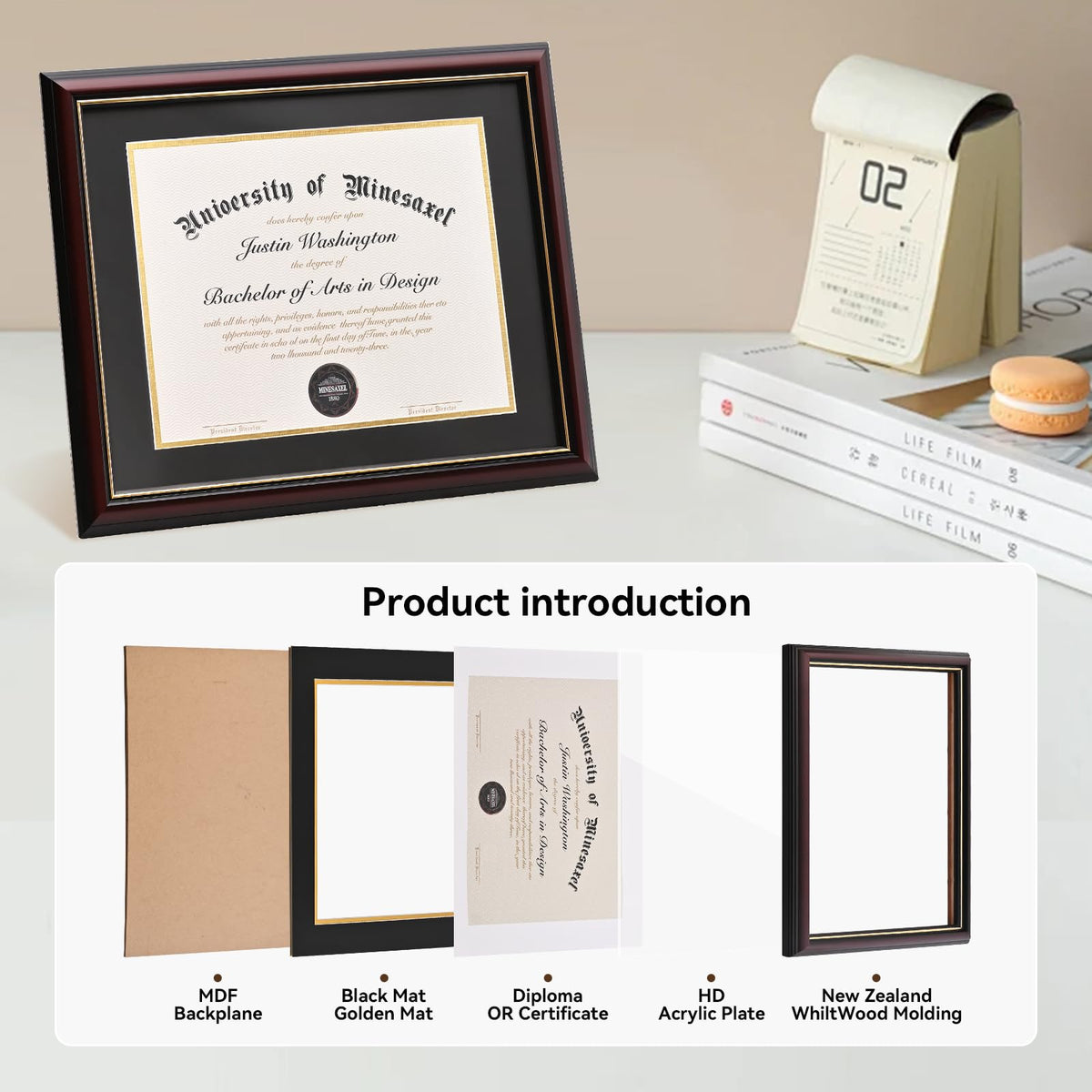 GAMYPET Solid Wood Diploma Frame 8.5 x 11 Certificate Frames with Black Mat or 11x14 Document without Mat as Graduation Picture Frame